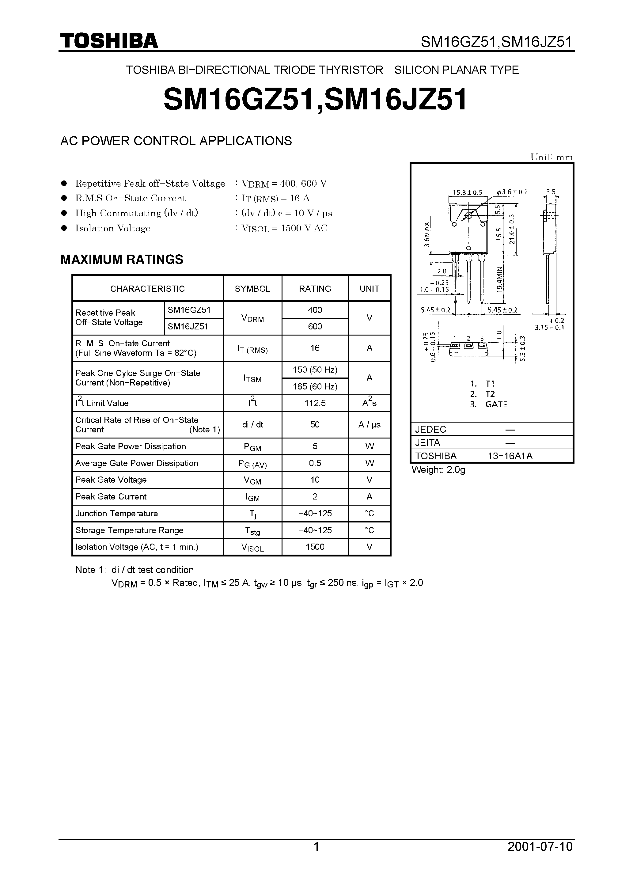 Datasheet SM16GZ51 - AC POWER CONTROL APPLICATIONS page 1