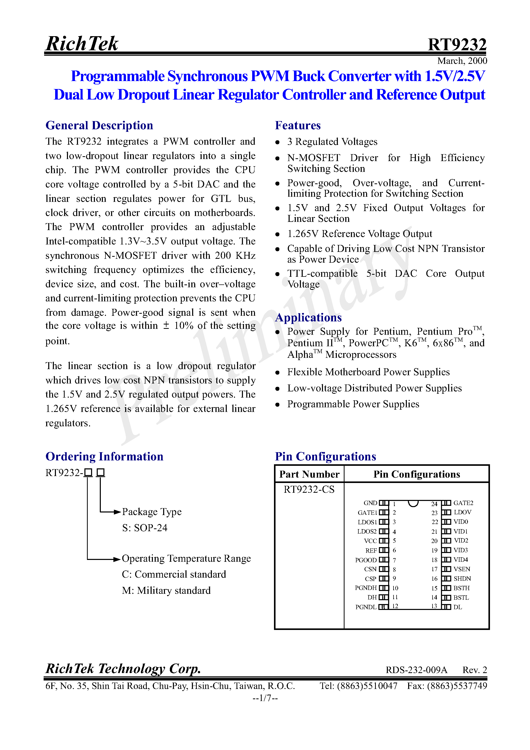 Даташит RT9232 - PROGRAMMABLE SYNCHRONOUS PWM BUCK CONVERTER WITH 1.5V/2.5V DUAL LOW DROPOUT LINEAR REGULATOR CONTROLLER AND REFERENCE OUTPUT страница 2