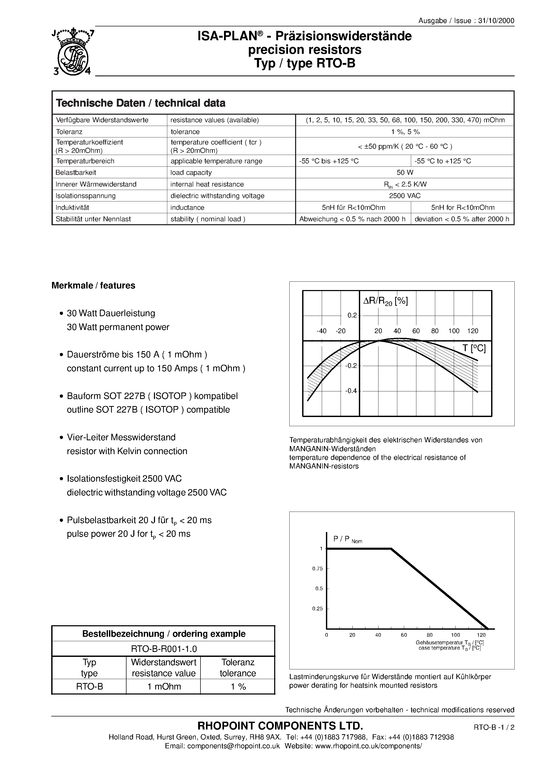 Datasheet RTO-B - precision resistors page 1