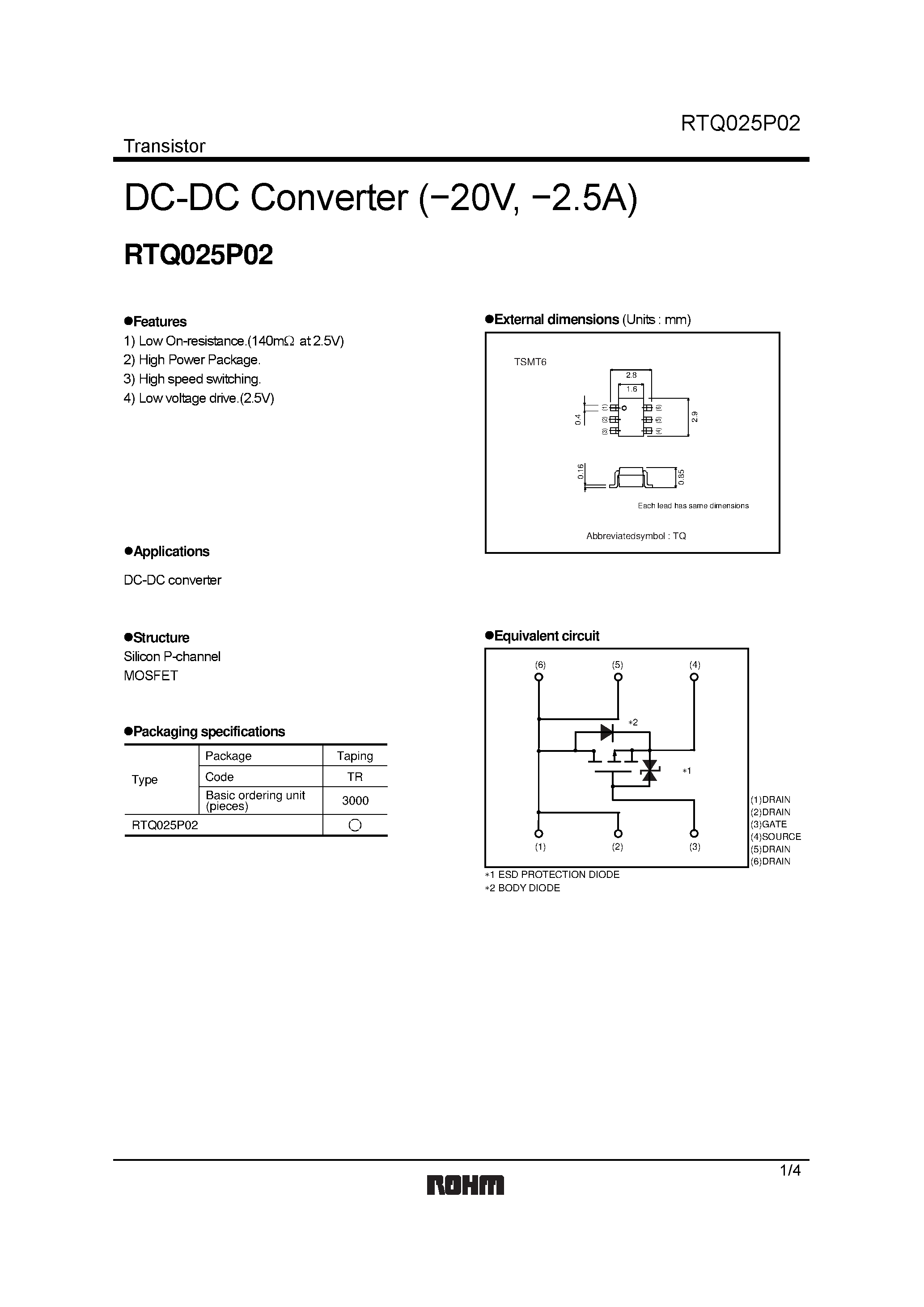 Даташит RTQ025P02 - DC-DC Converter (20V/ 2.5A) страница 1