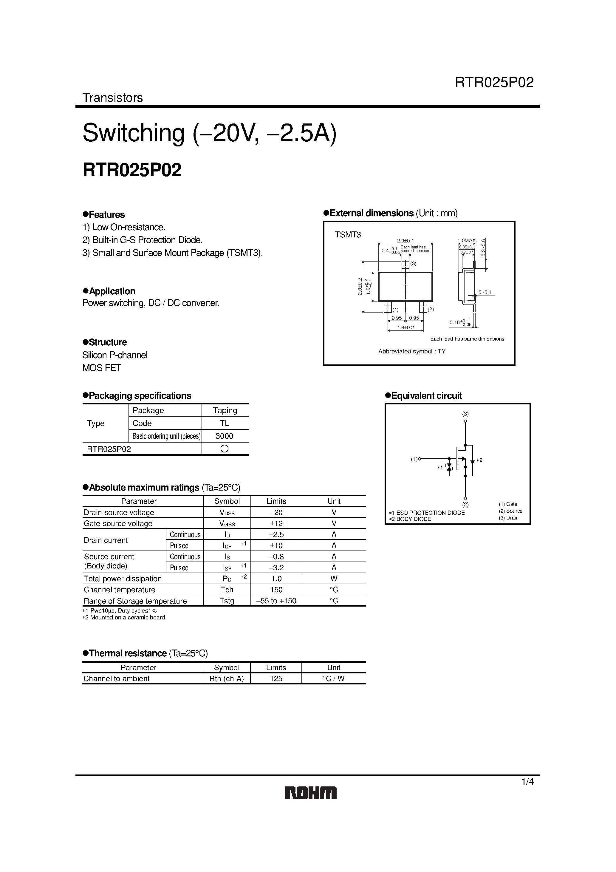 Даташит RTR025P02 - Switching (20V/ 2.5A) страница 1