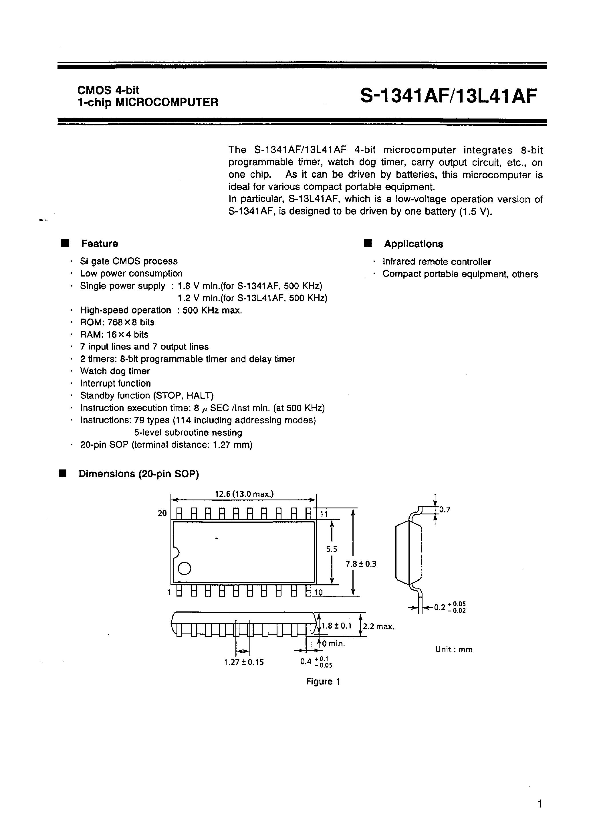 Datasheet S-1341AF - CMOS 4-bit 1-chip MICROCOMPUTER page 2