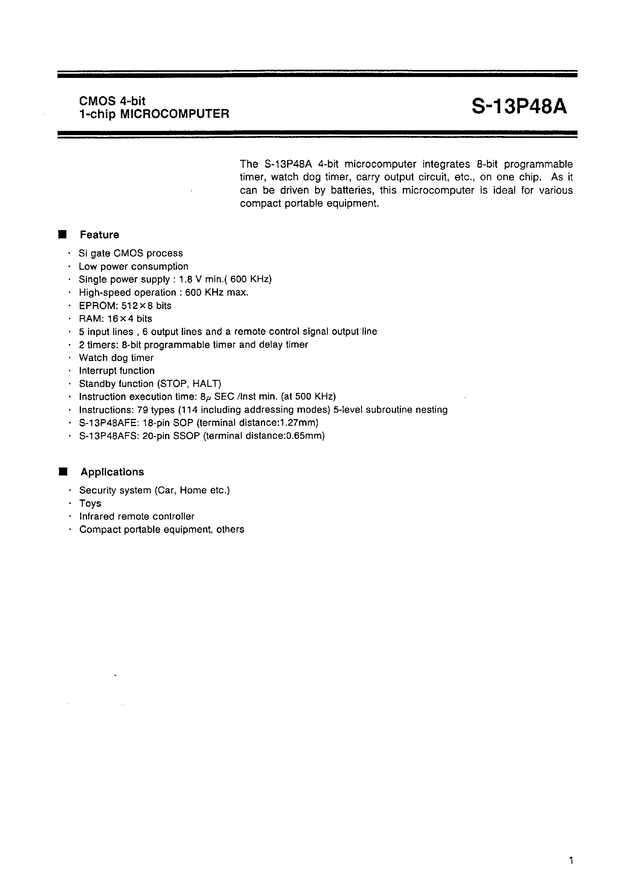 Datasheet S-13P48A - CMOS 4-bit 1-chip MICROCOMPUTER page 2