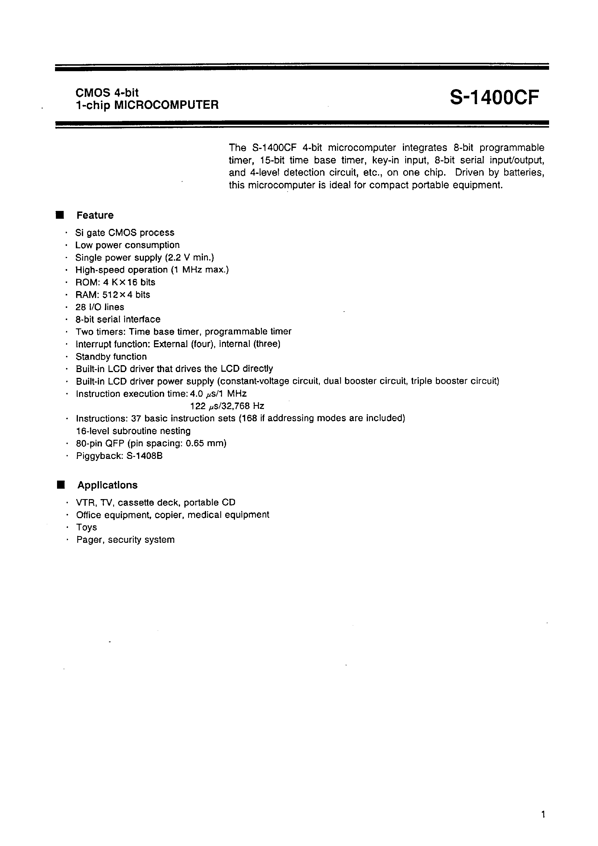 Datasheet S-1400CF - CMOS 4-bit 1-chip MICROCOMPUTER page 2