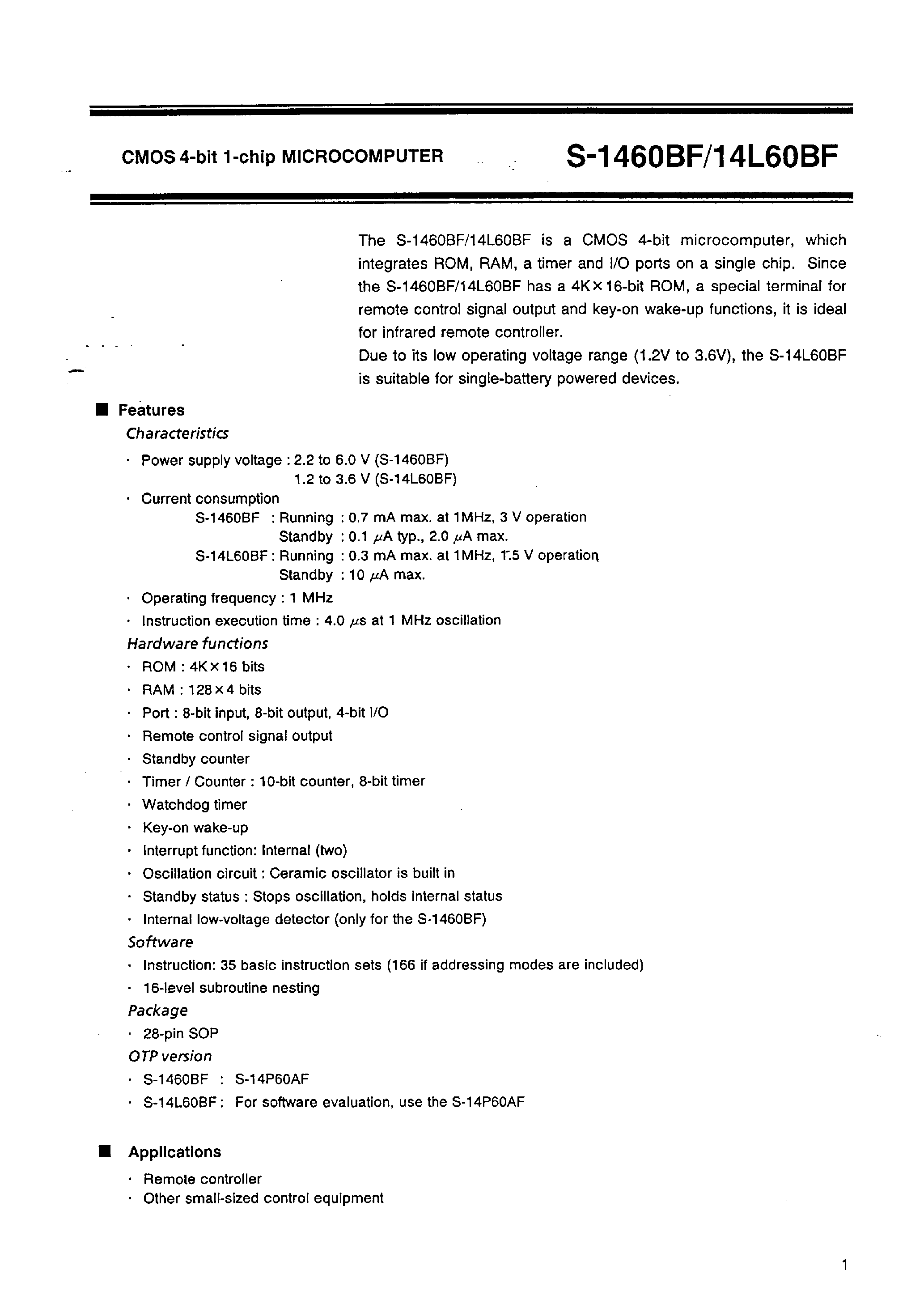 Datasheet S-1460 - CMOS 4-bit 1-chip MICROCOMPUTER page 2