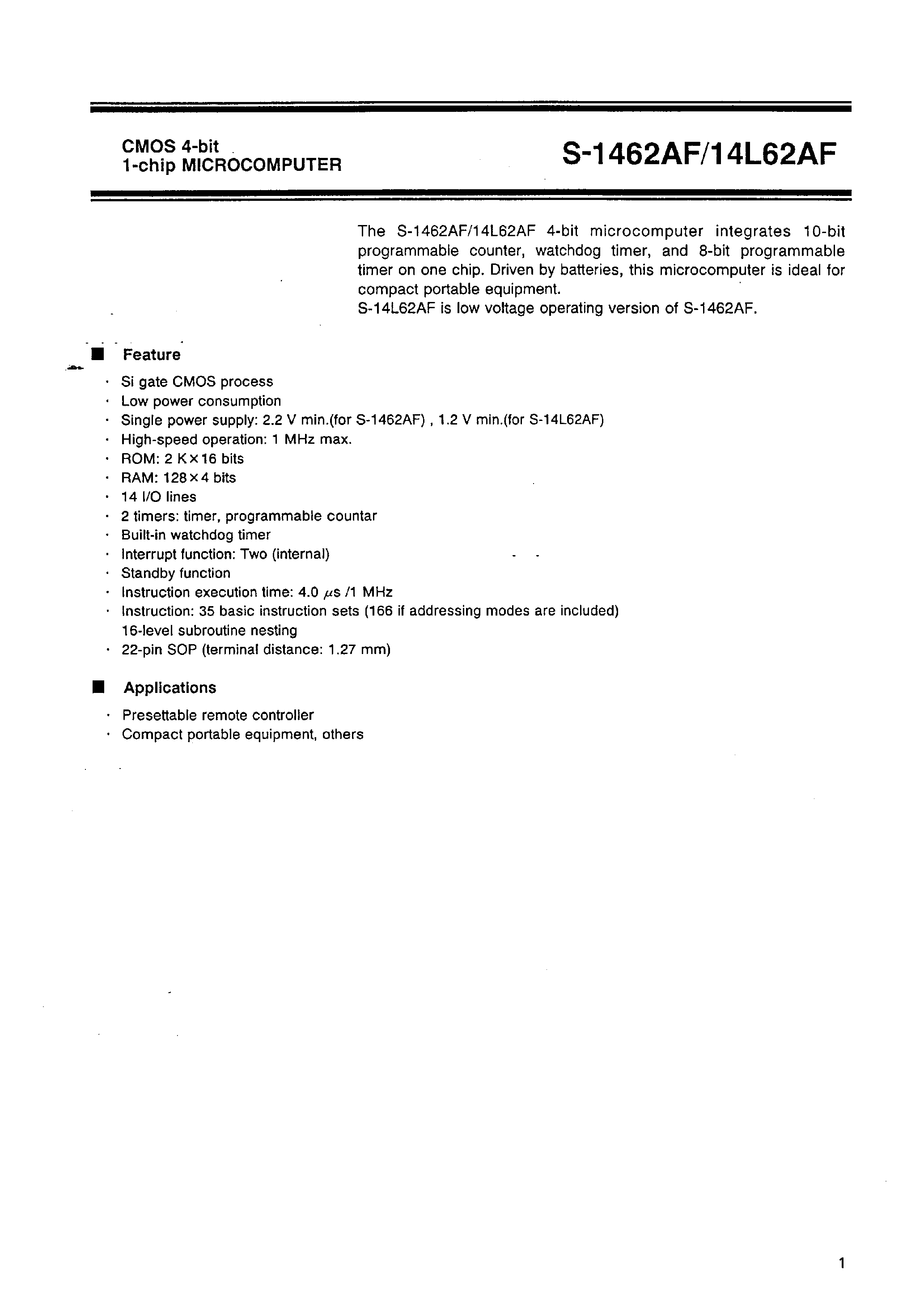 Datasheet S-1462AF - CMOS 4-bit 1-chip MICROCOMPUTER page 2