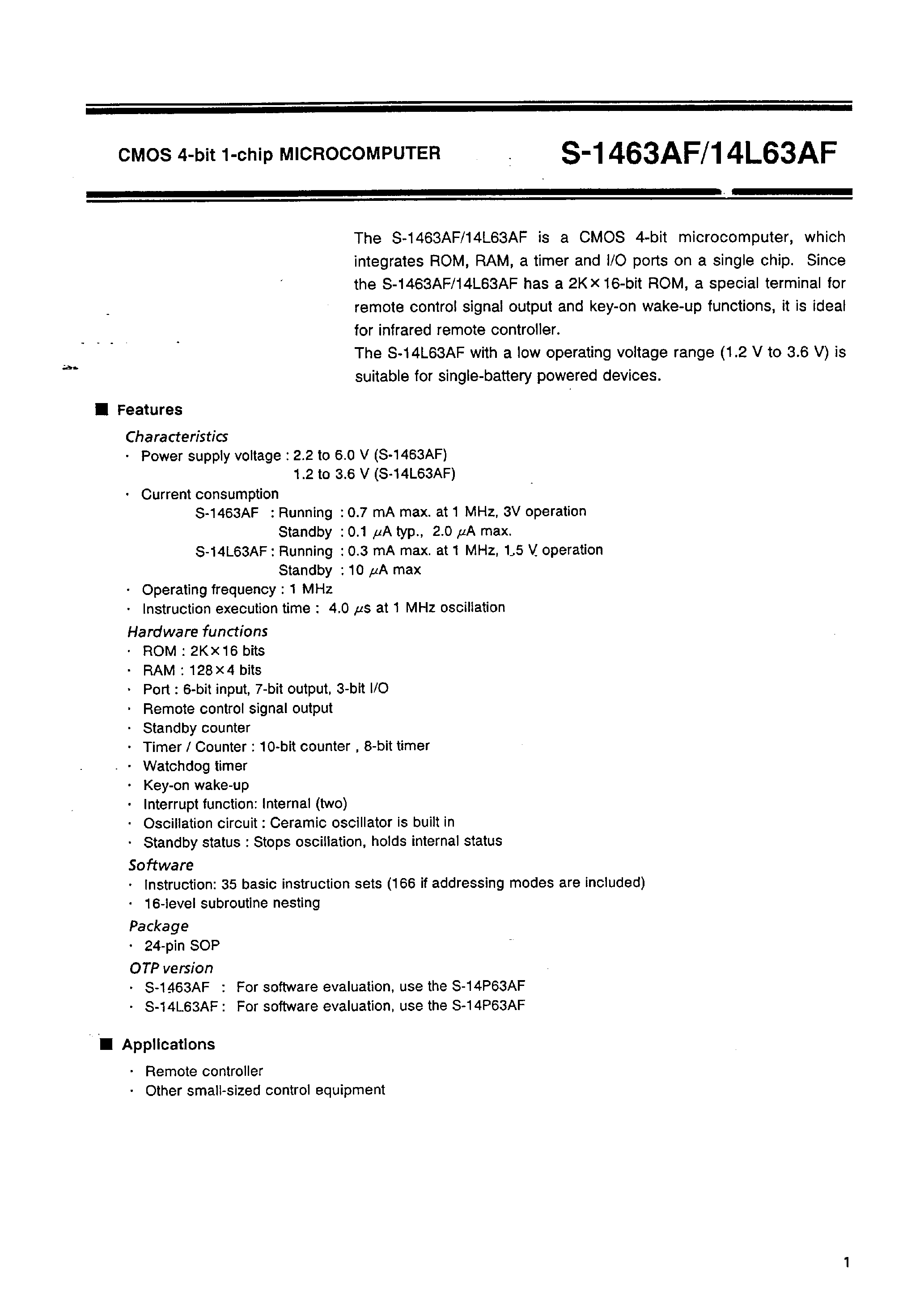 Datasheet S-1463AF - CMOS 4-bit 1-chip MICROCOMPUTER page 2