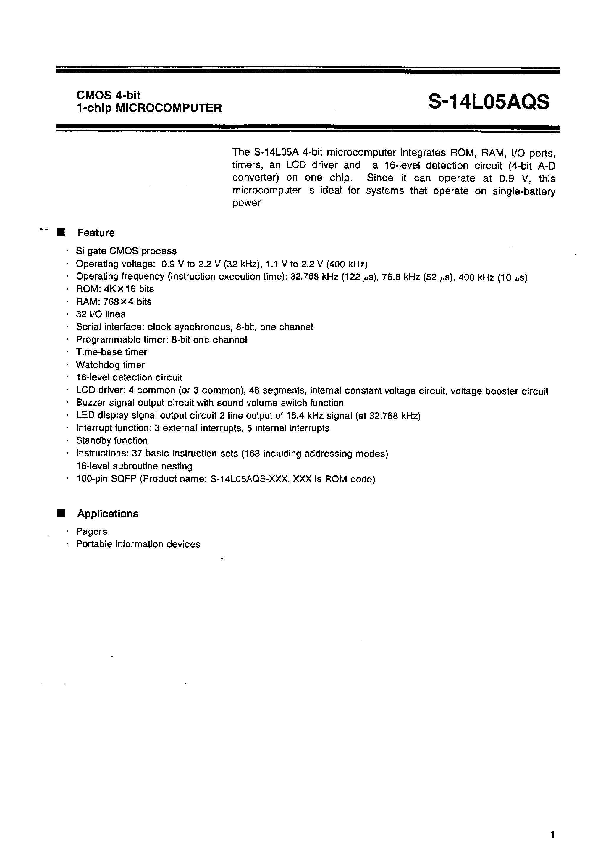 Datasheet S-14L05AQS - CMOS 4-bit 1-chip MICROCOMPUTER page 2