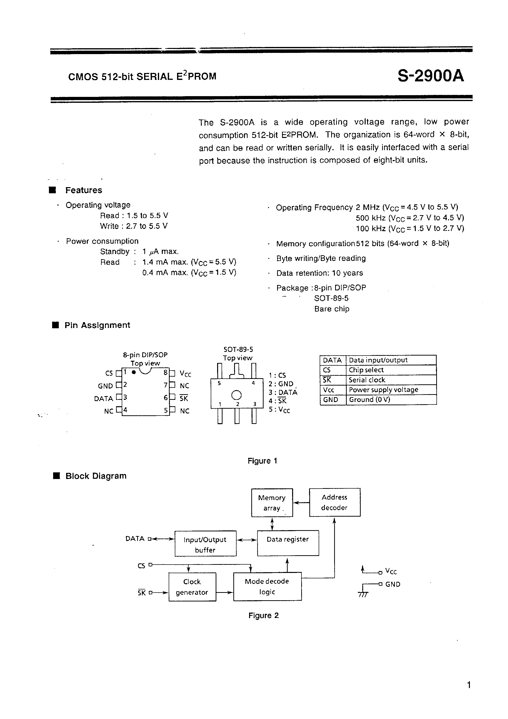 Datasheet S-2900ACA - CMOS 512-bit SERIAL EEPROM page 2