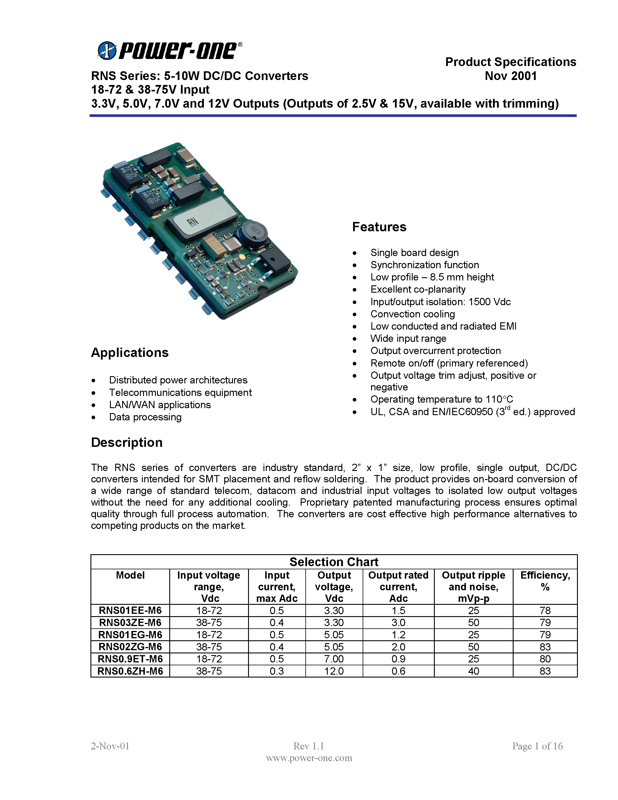 Даташит RNS0.6ZH-M6 - RNS Series: 5-10W DC/DC Converters 18-72 & 38-75V Input 3.3V/ 5.0V/ 7.0V and 12V Outputs Outputs of 2.5V & 15V/ available with trimming страница 1