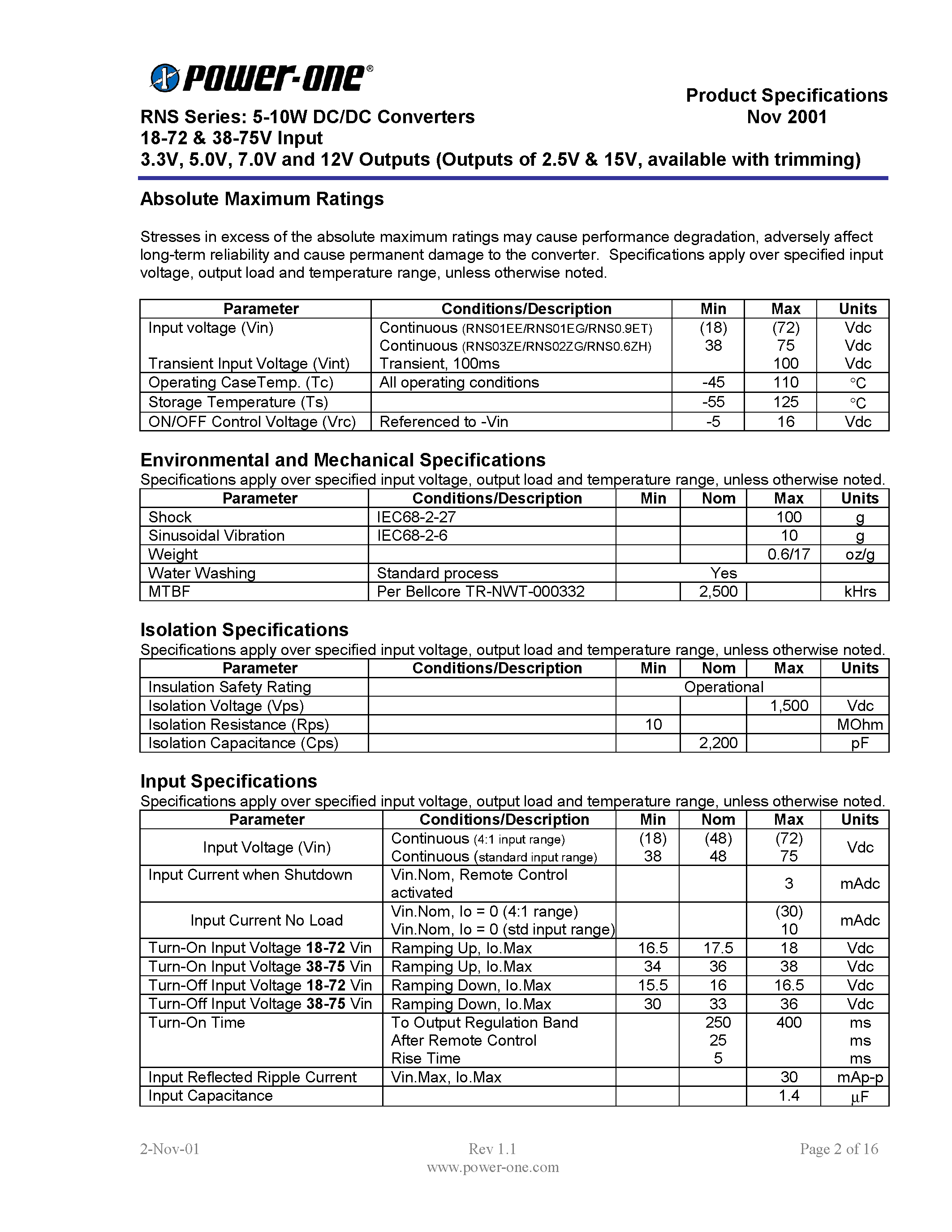 Даташит RNS0.9ET-M6 - RNS Series: 5-10W DC/DC Converters 18-72 & 38-75V Input 3.3V/ 5.0V/ 7.0V and 12V Outputs Outputs of 2.5V & 15V/ available with trimming страница 2