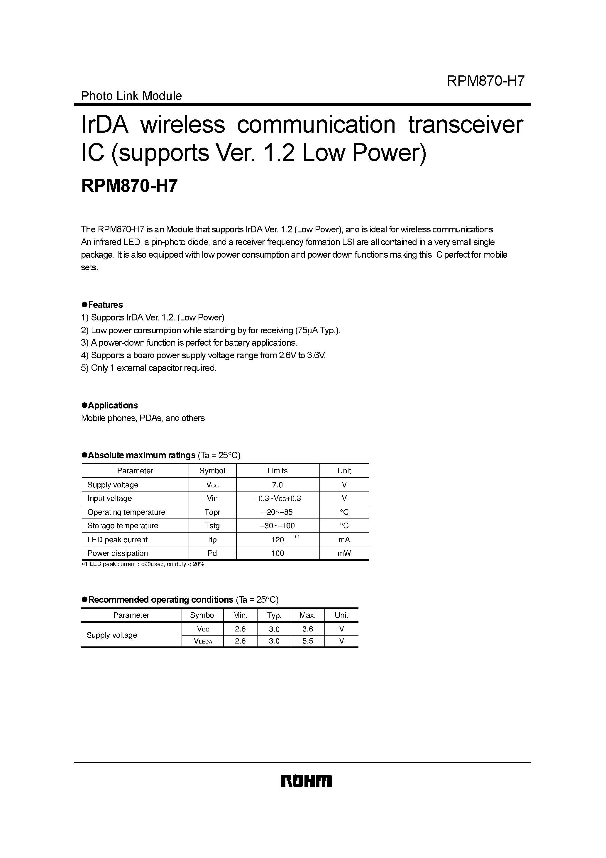 Даташит RPM870-H7 - IrDA wireless communication transceiver IC (supports Ver. 1.2 Low Power) страница 1