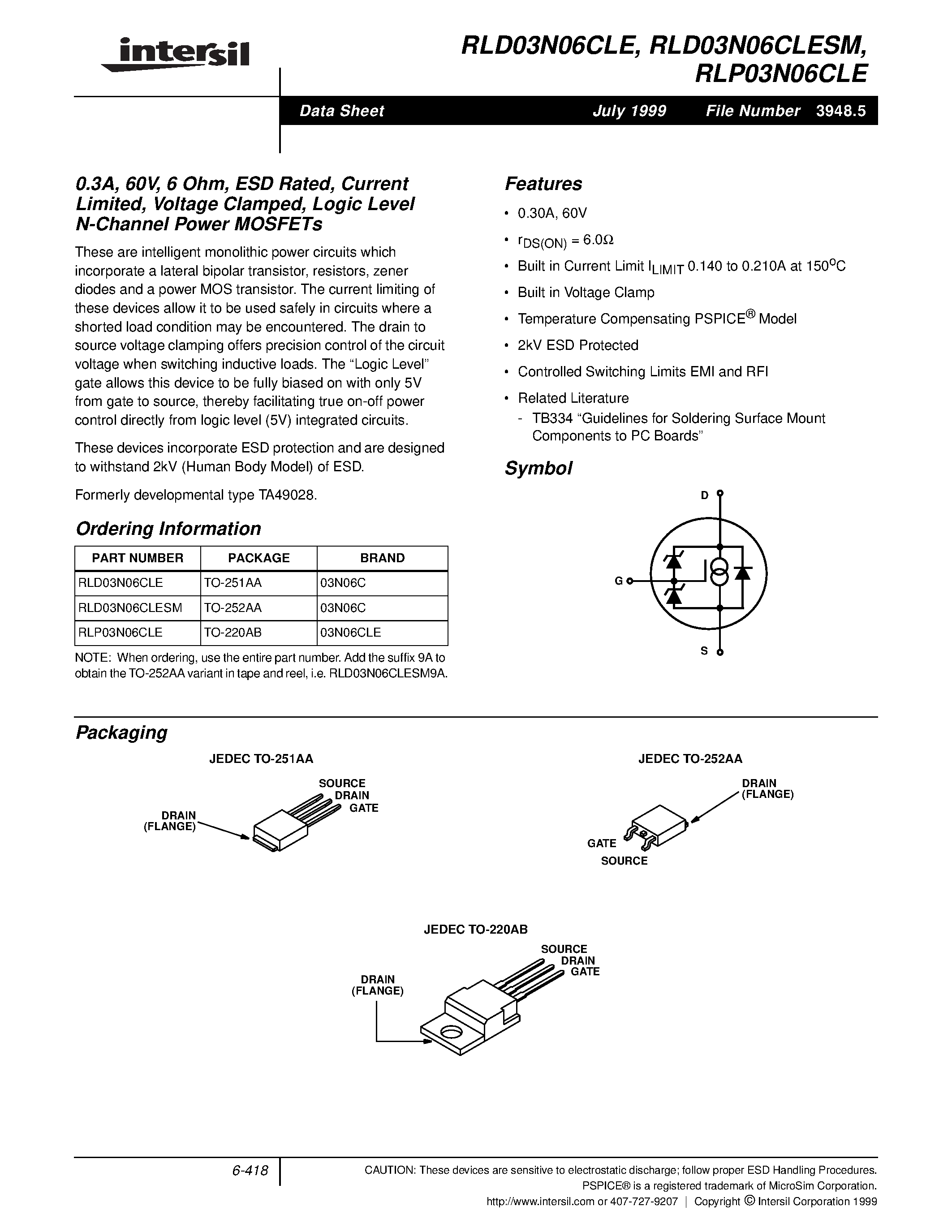 Даташит RLD03N06CLE - 0.3A/ 60V/ 6 Ohm/ ESD Rated/ Current Limited/ Voltage Clamped/ Logic Level N-Channel Power MOSFETs страница 1