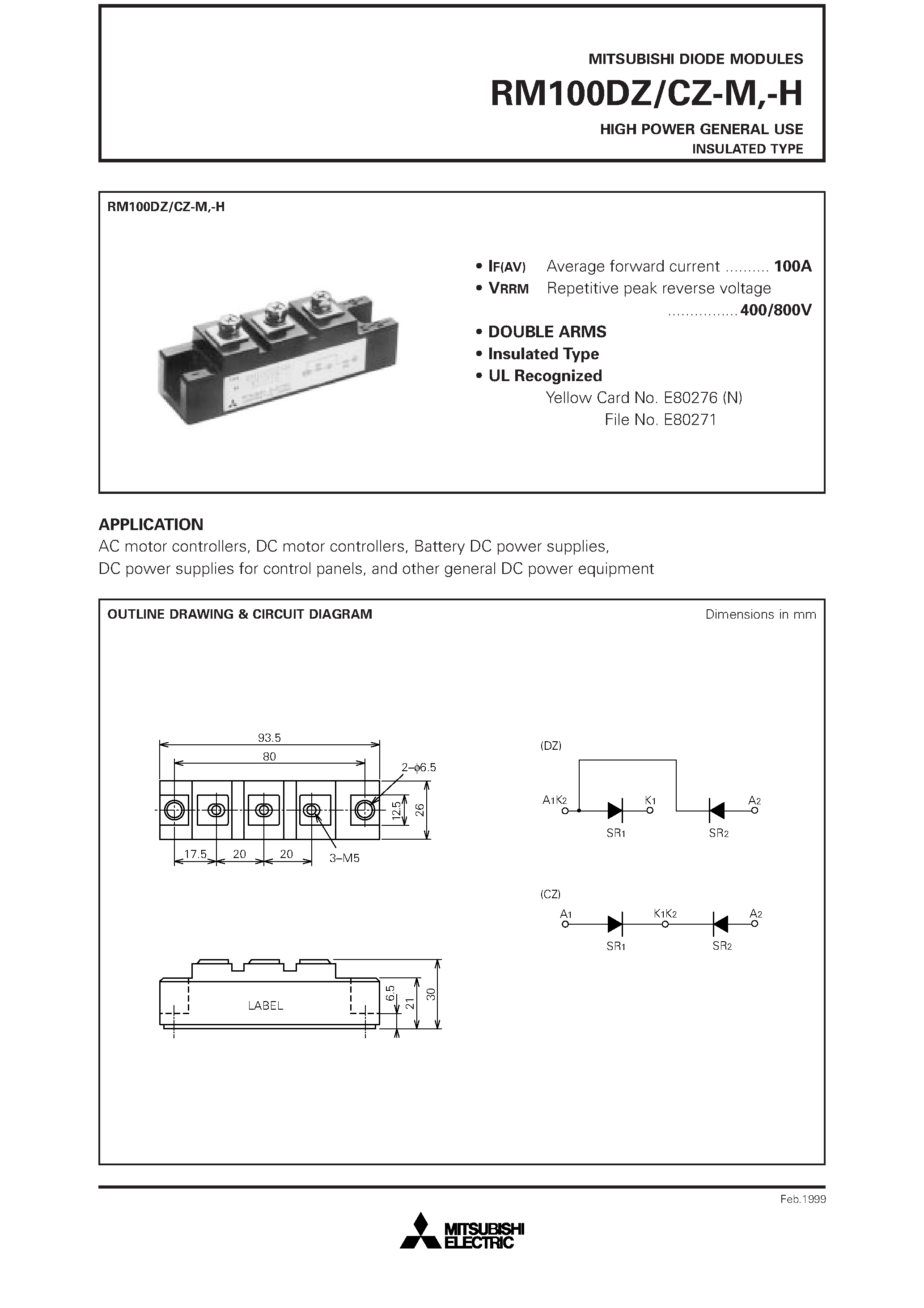 Даташит RM100CZ-H - HIGH POWER GENERAL USE INSULATED TYPE страница 1