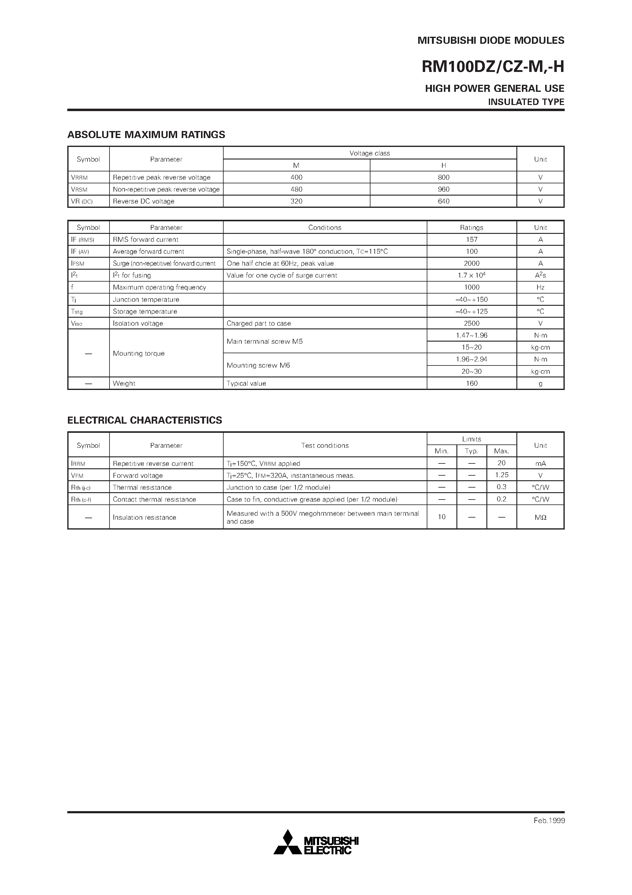 Даташит RM100CZ-H - HIGH POWER GENERAL USE INSULATED TYPE страница 2