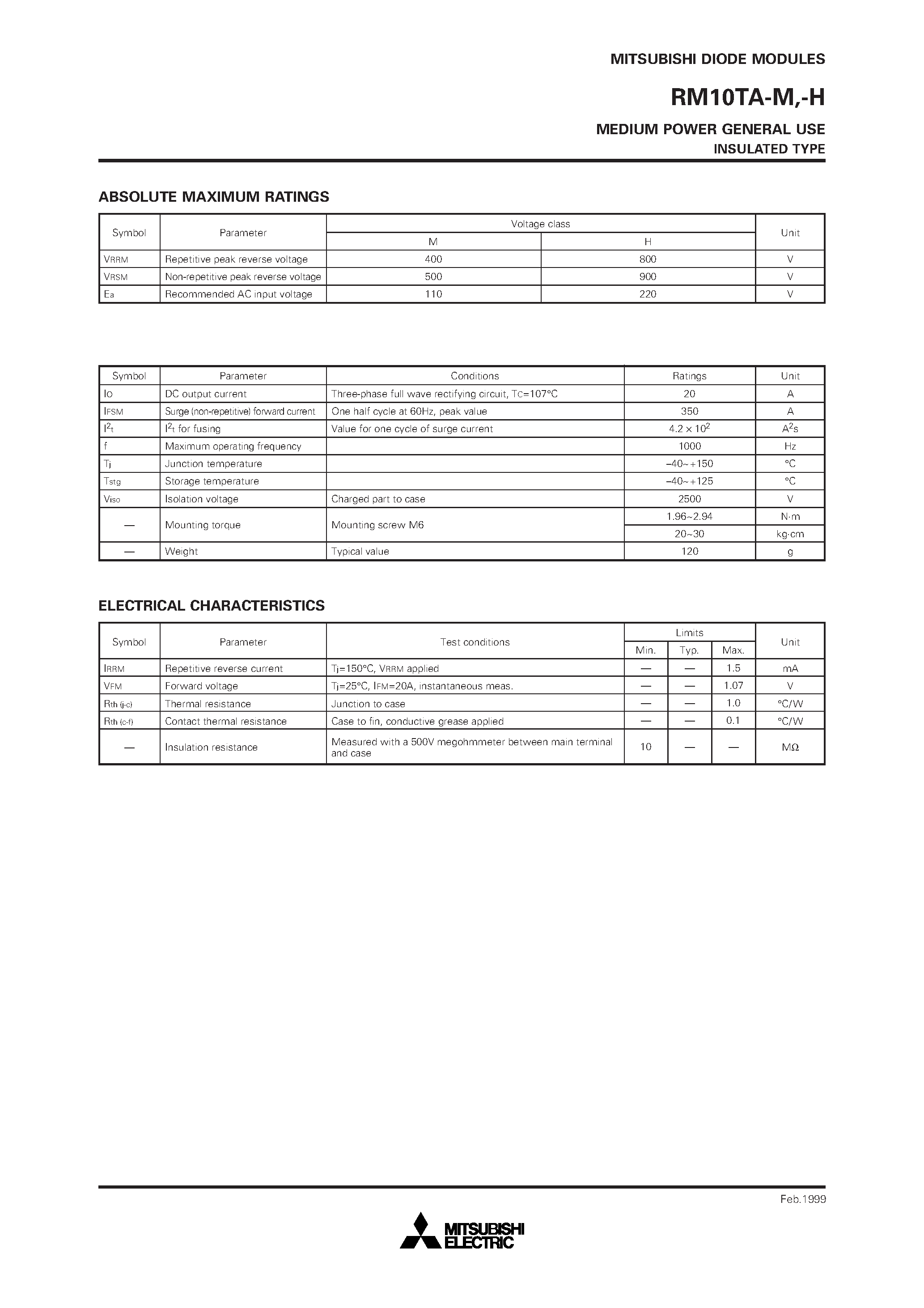 Даташит RM10TA-H - MEDIUM POWER GENERAL USE INSULATED TYPE страница 2