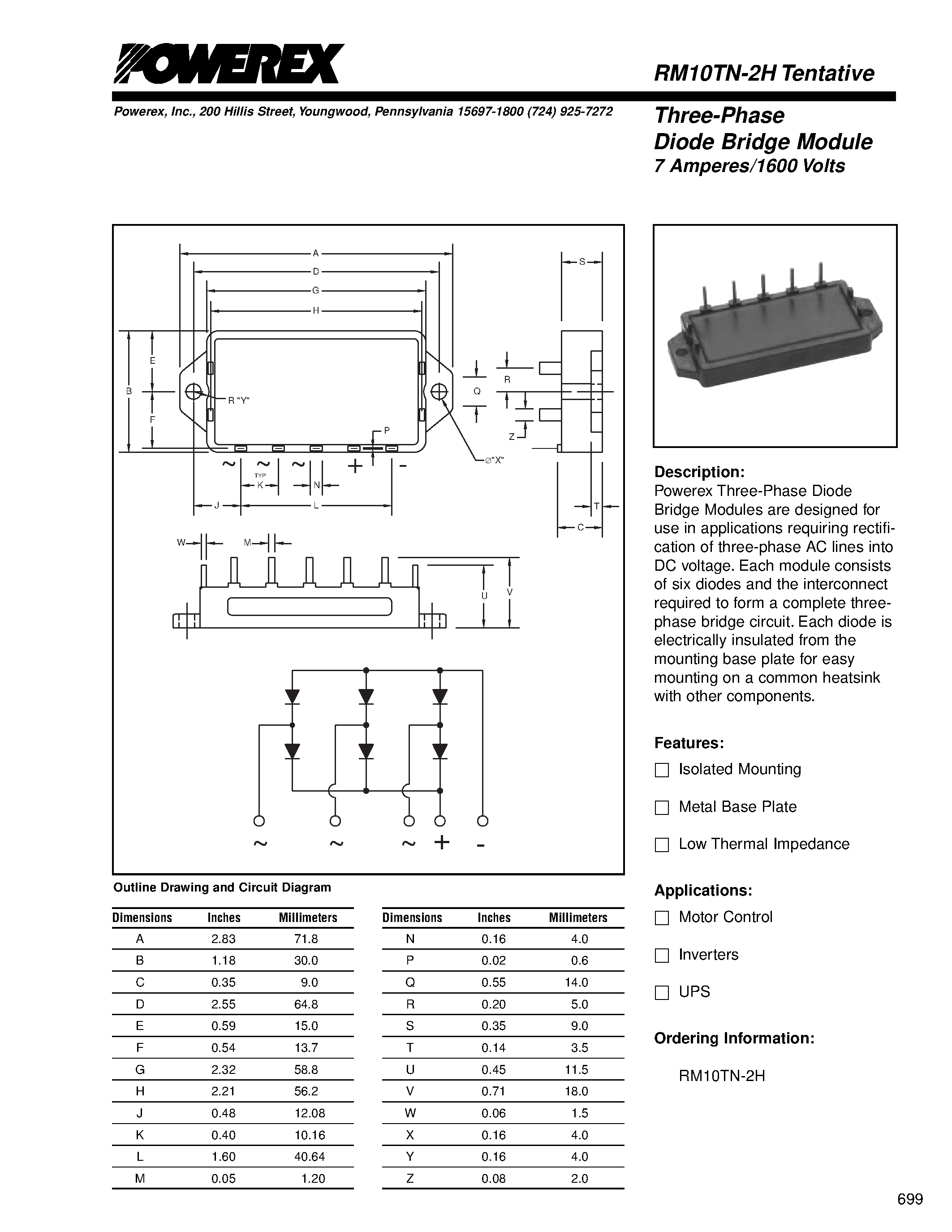 Datasheet RM10TN-2H - Three Phase Diode Bridge Module (7 Amperes/1600 Volts) page 1