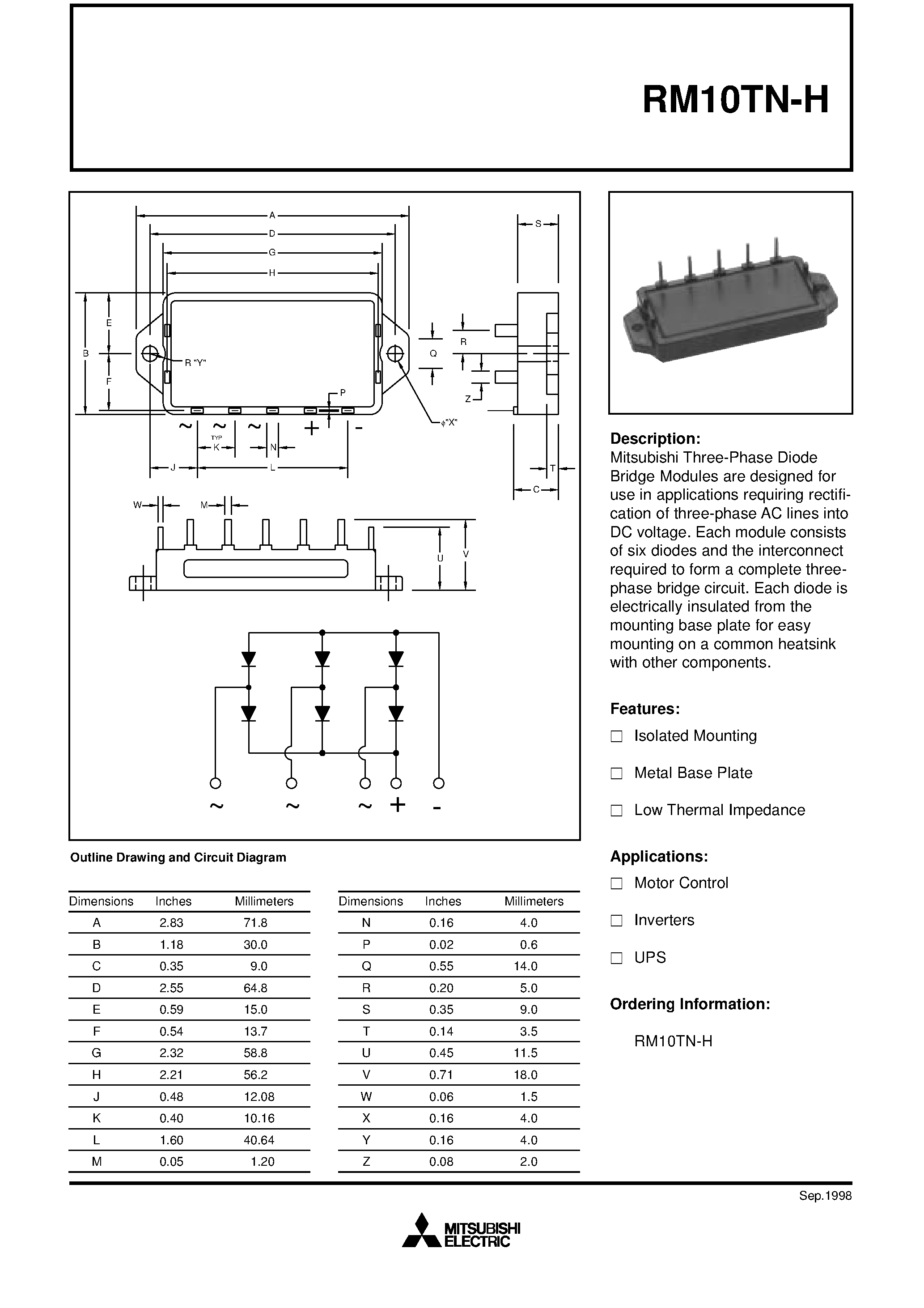 Даташит RM10TN-H - Three-Phase Diode Bridge Modules страница 1