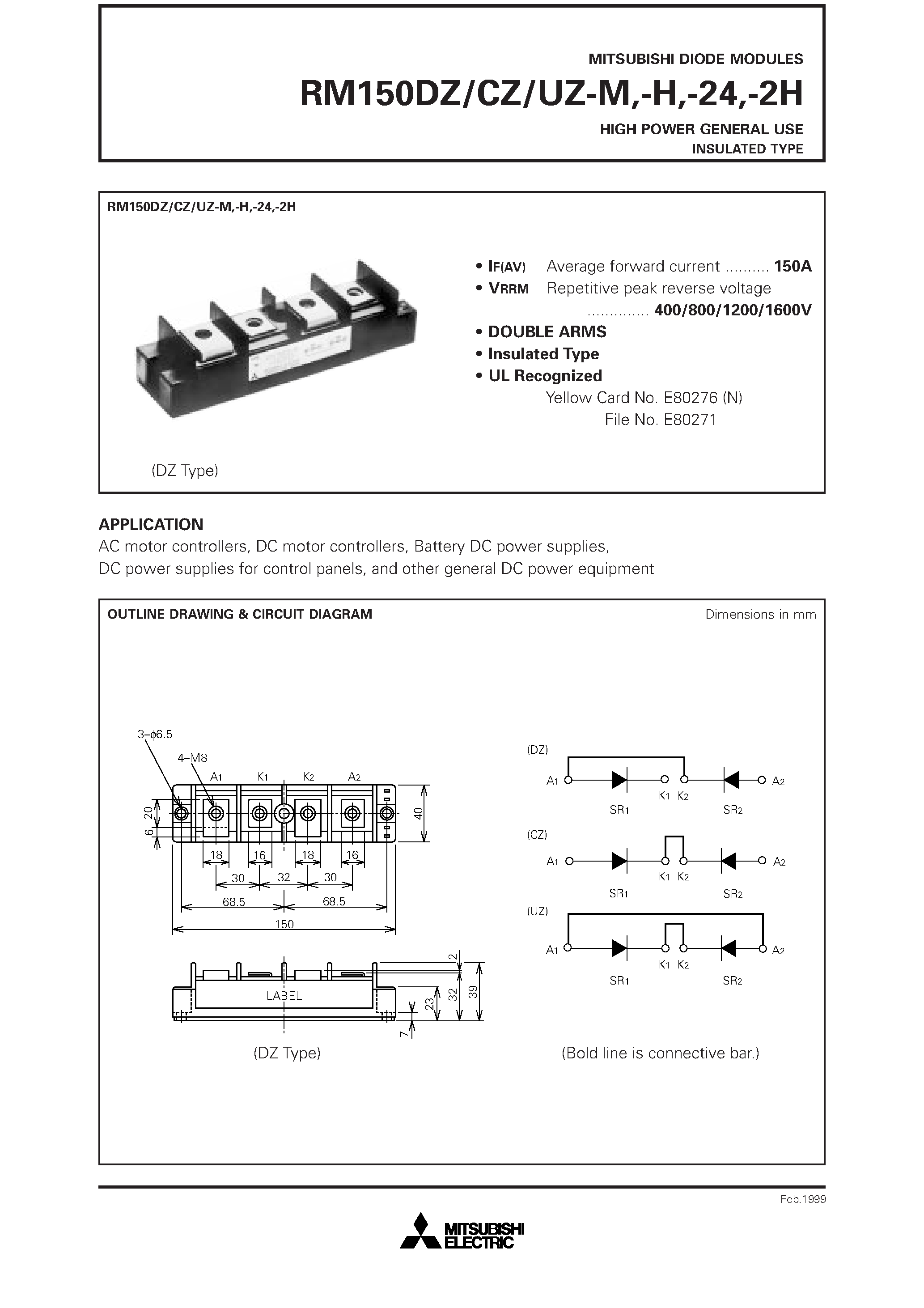 Даташит RM150CZ-H - HIGH POWER GENERAL USE INSULATED TYPE страница 1