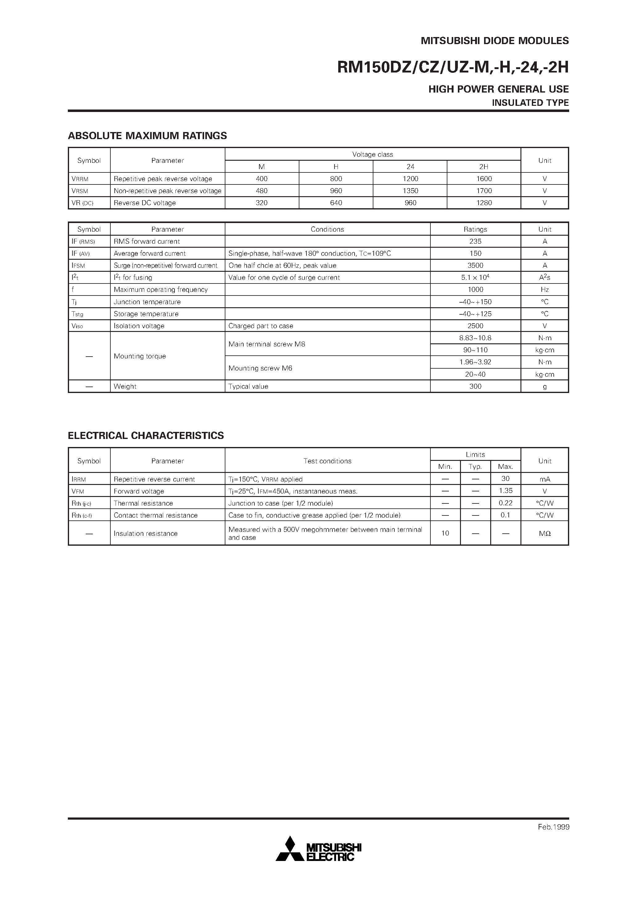 Даташит RM150DZ-H - HIGH POWER GENERAL USE INSULATED TYPE страница 2