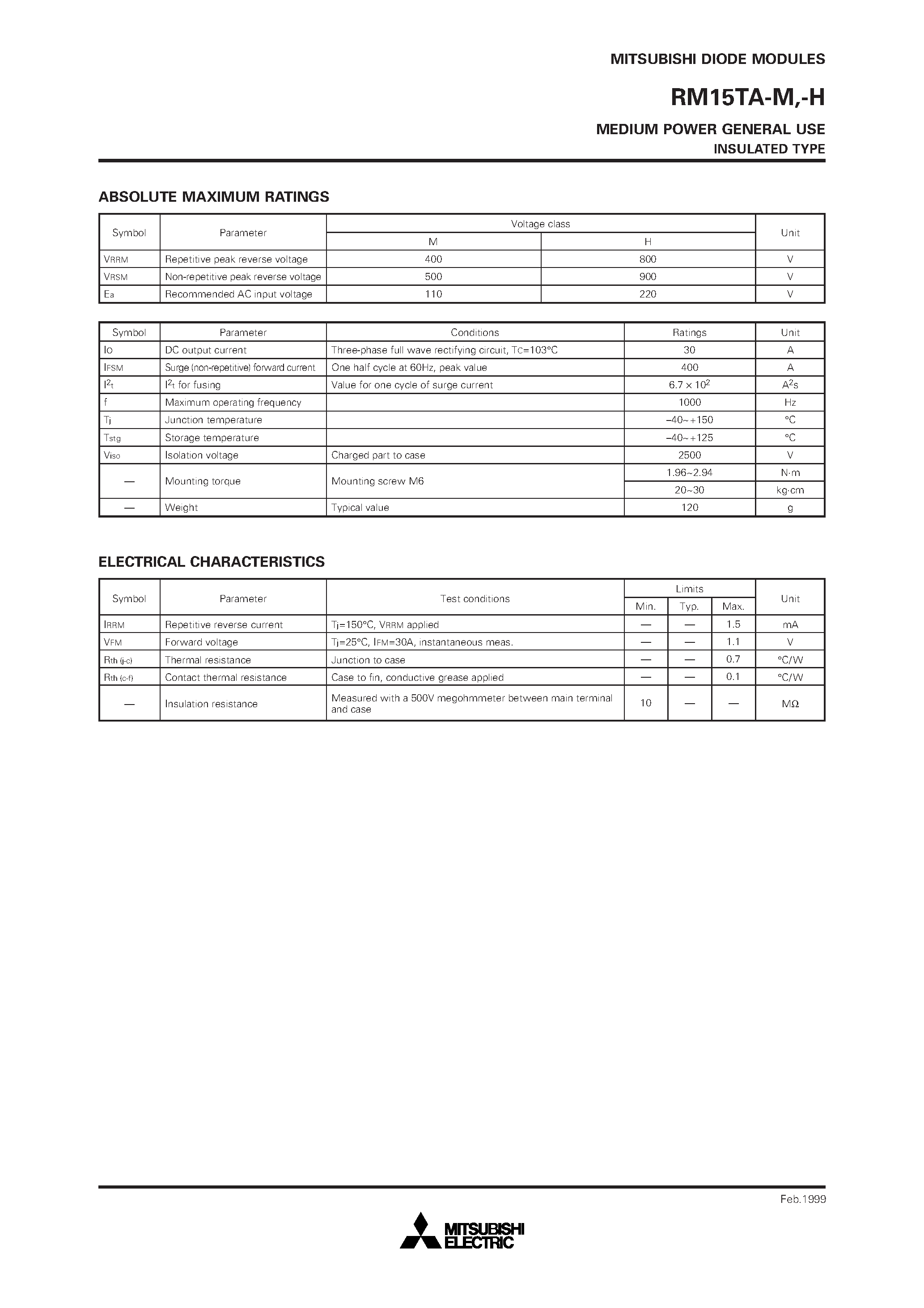 Даташит RM15TA-H - MEDIUM POWER GENERAL USE INSULATED TYPE страница 2