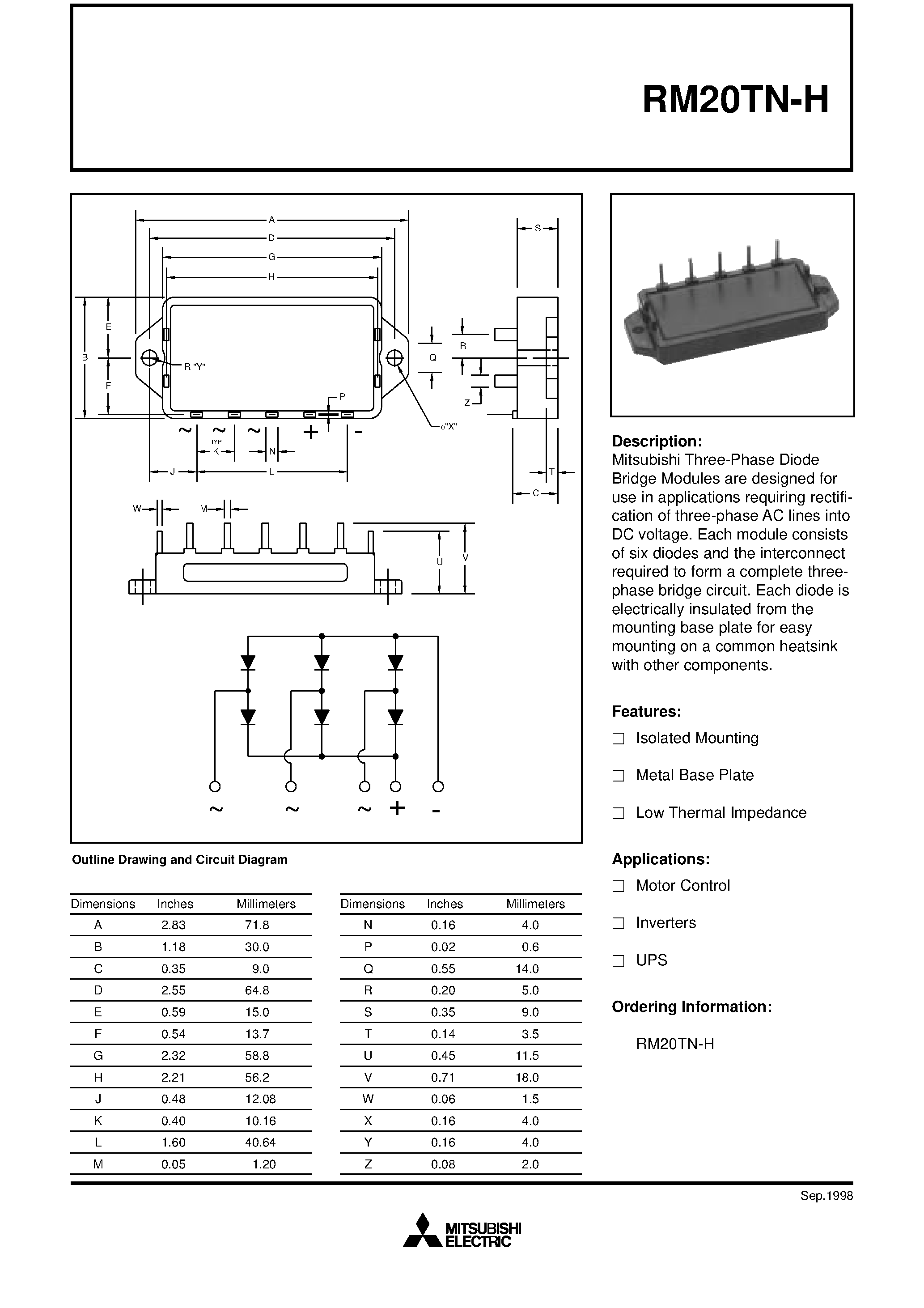 Даташит RM20TN-H - Three-Phase Diode Bridge страница 1