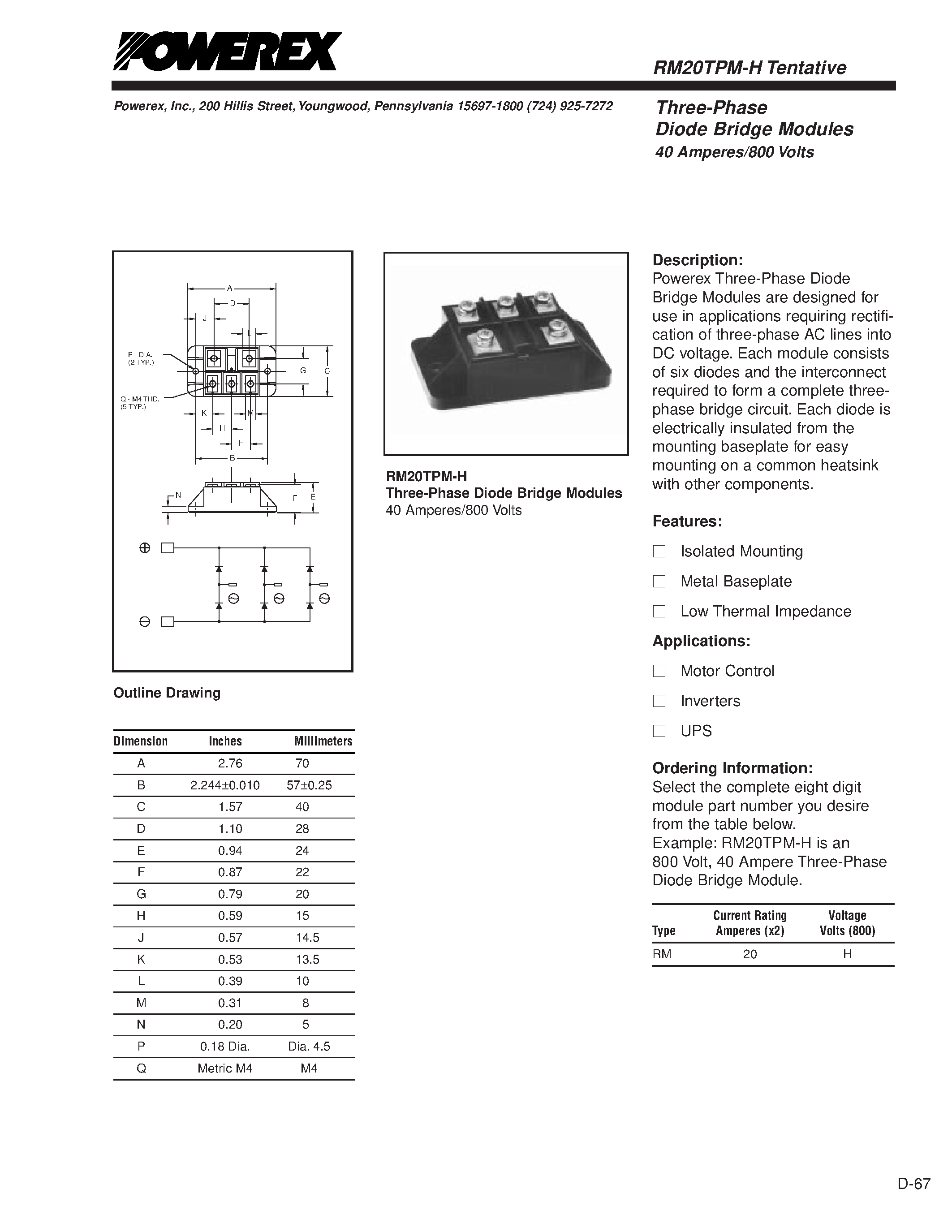 Даташит RM20TPM-H - Three-Phase Diode Bridge Modules (40 Amperes/800 Volts) страница 1