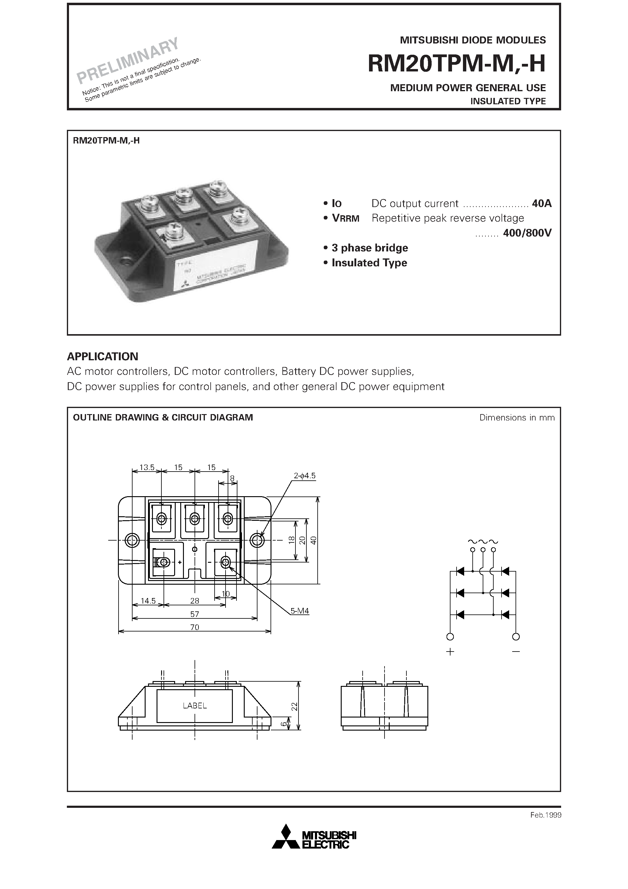 Даташит RM20TPM-H - MEDIUM POWER GENERAL USE INSULATED TYPE страница 1