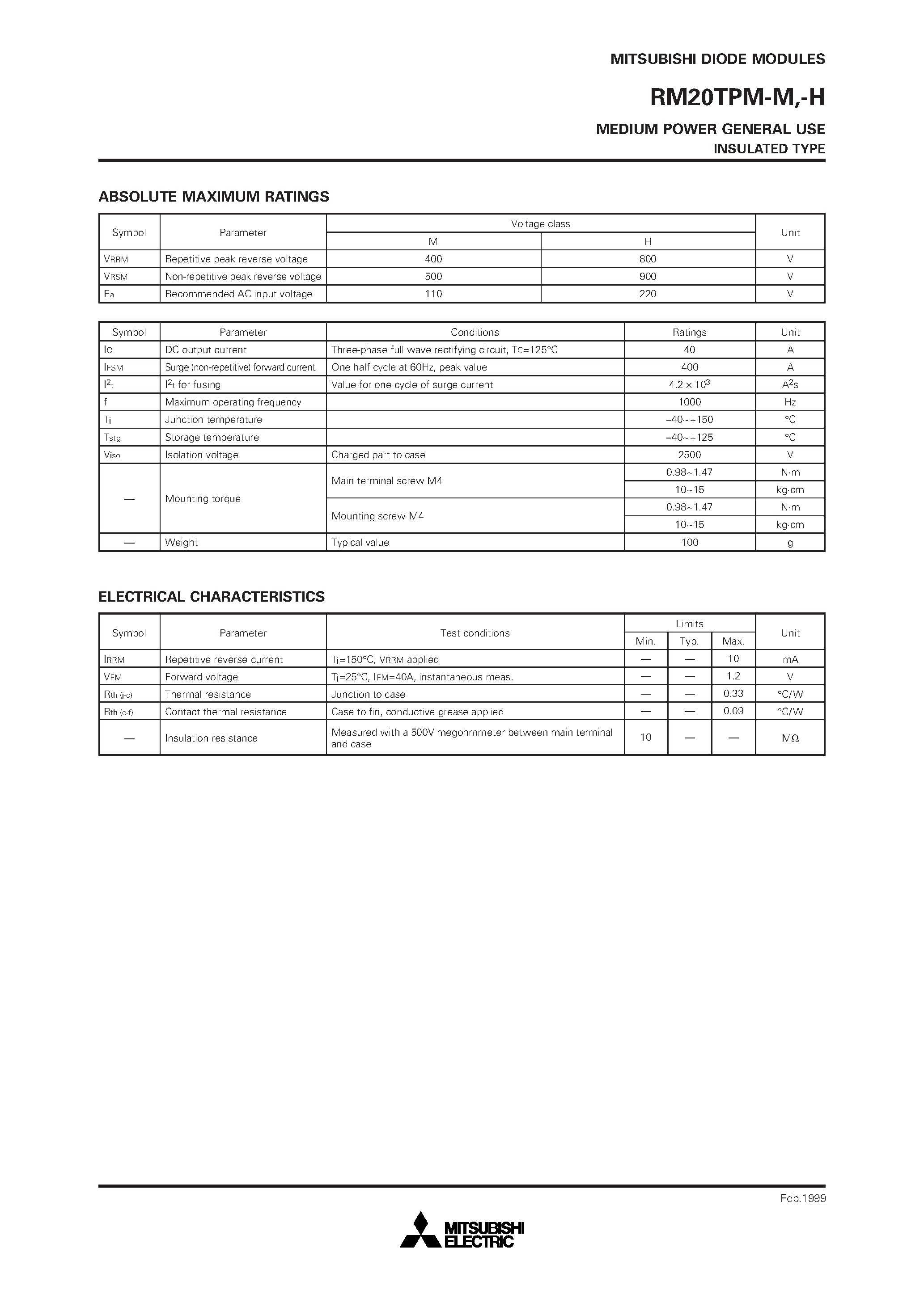 Даташит RM20TPM-H - MEDIUM POWER GENERAL USE INSULATED TYPE страница 2