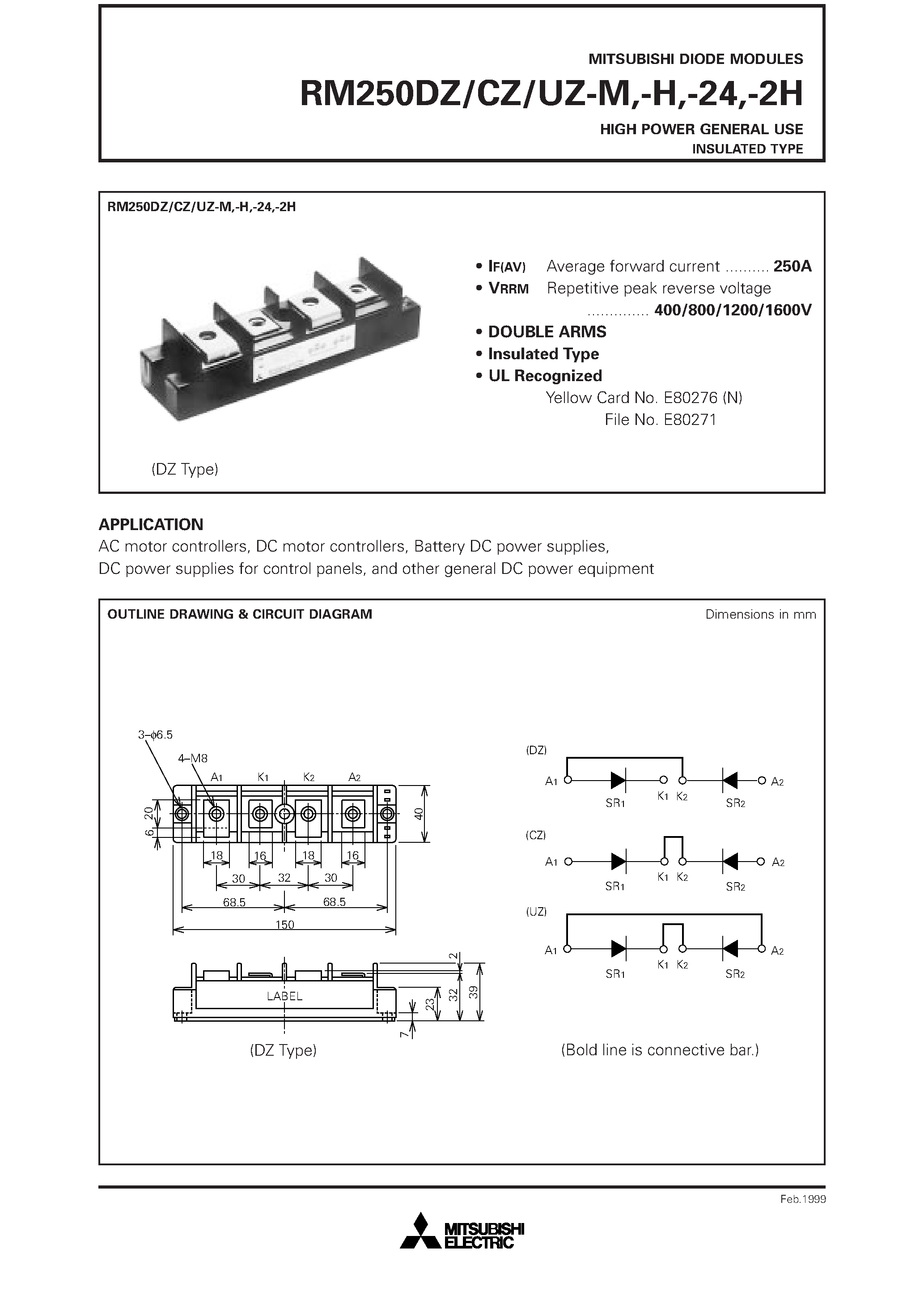 Даташит RM250DZ-H - HIGH POWER GENERAL USE INSULATED TYPE страница 1