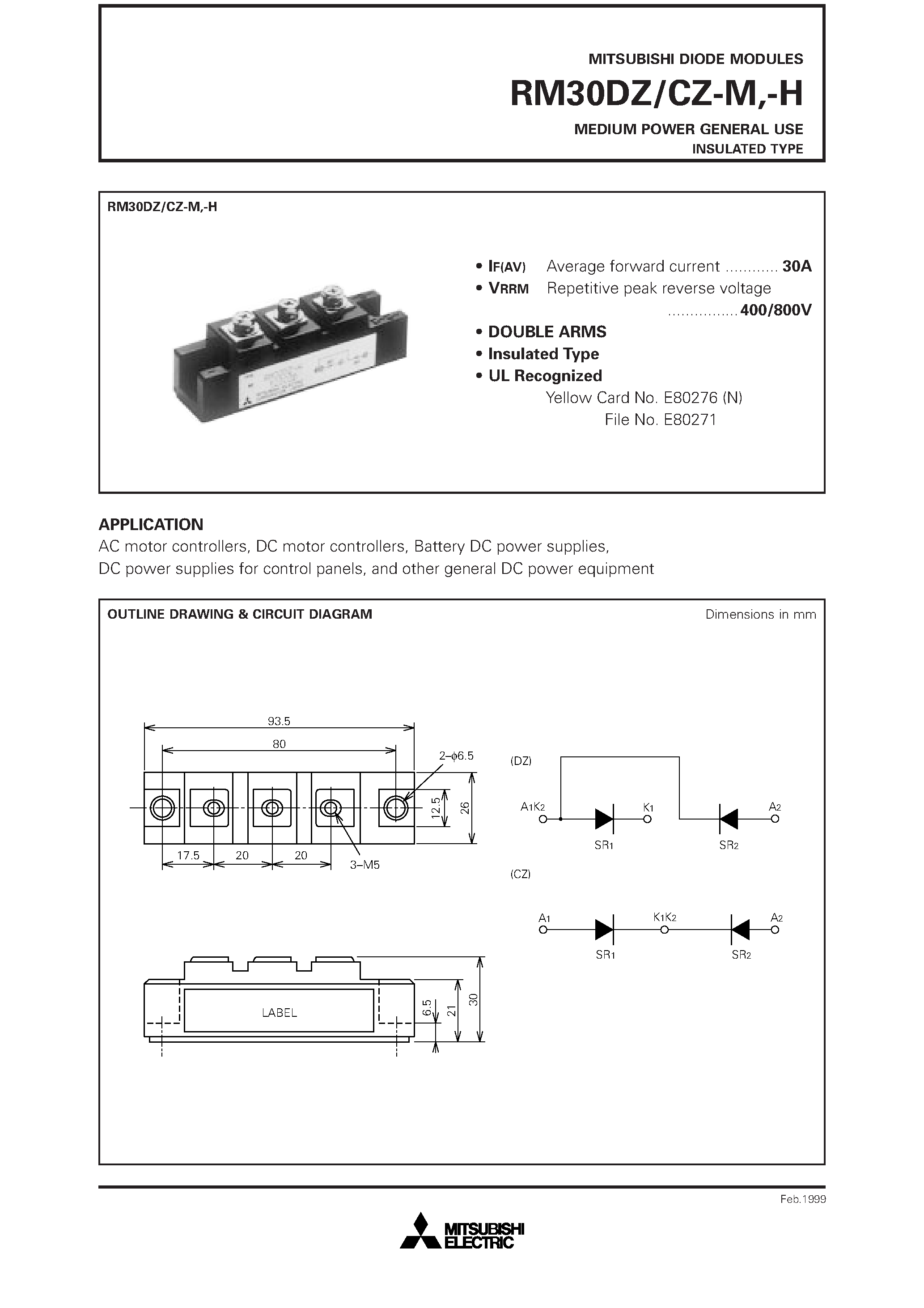 Даташит RM30CZ-H - MEDIUM POWER GENERAL USE INSULATED TYPE страница 1