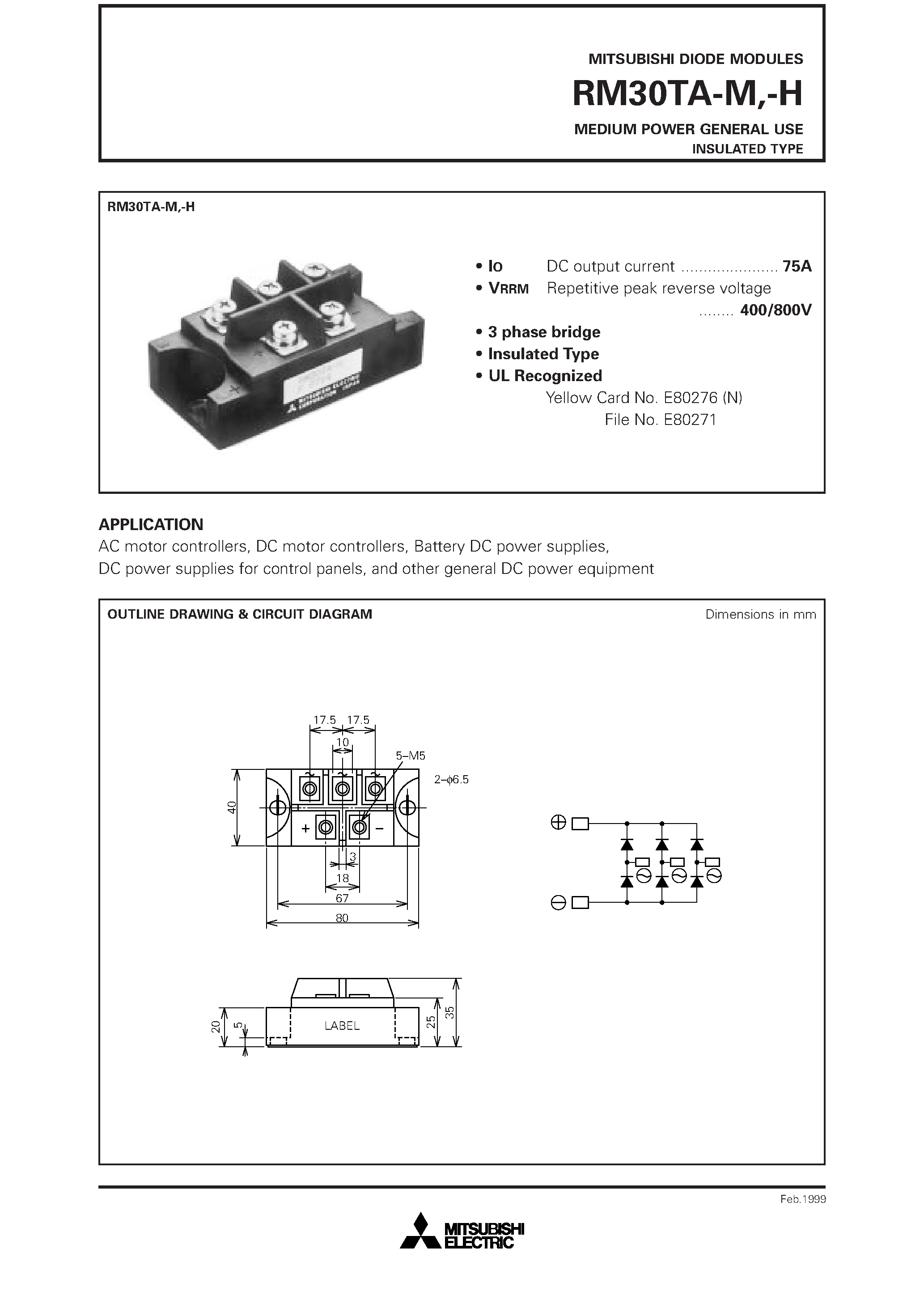 Даташит RM30TA-H - MEDIUM POWER GENERAL USE INSULATED TYPE страница 1