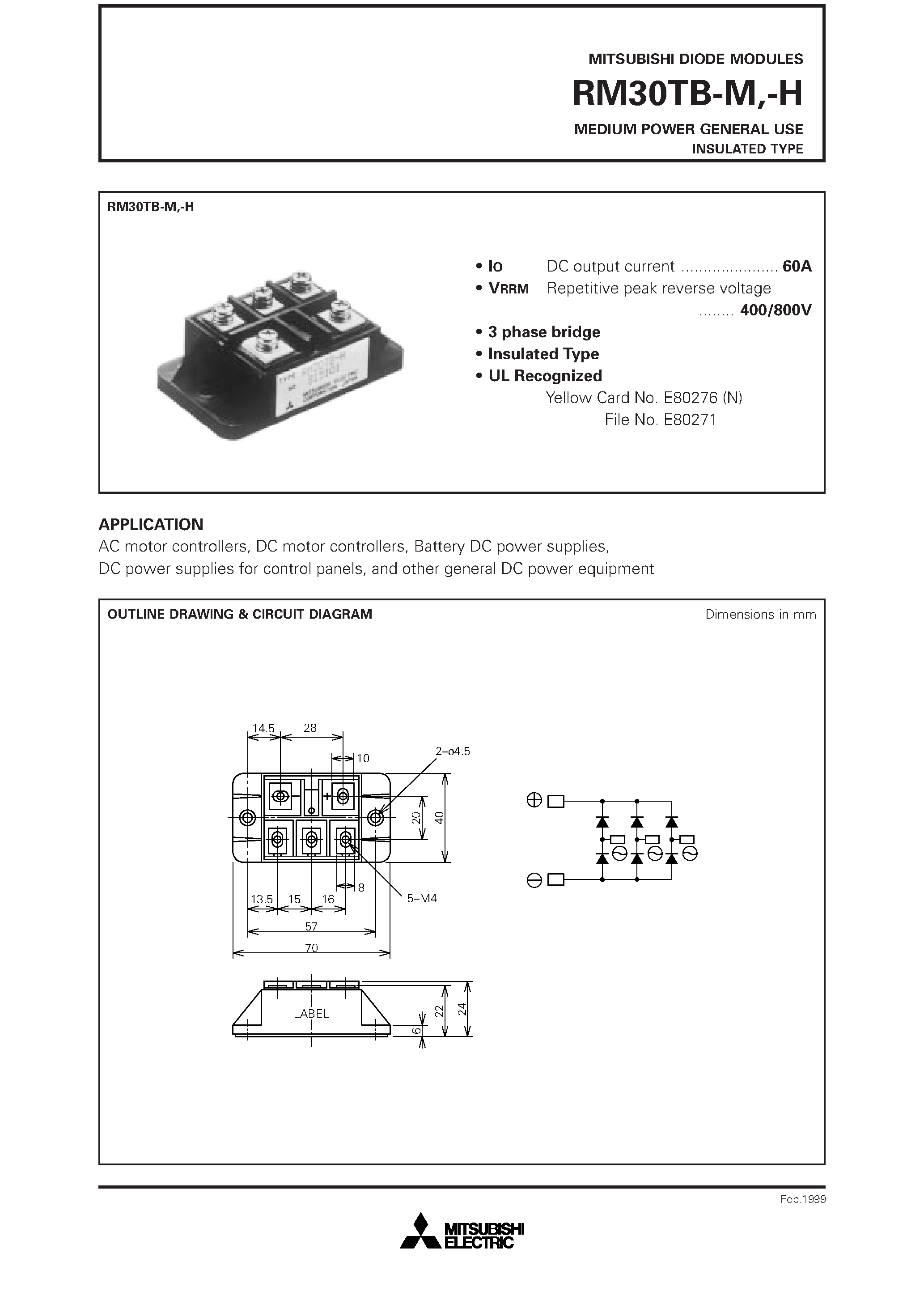 Даташит RM30TB-H - MEDIUM POWER GENERAL USE INSULATED TYPE страница 1