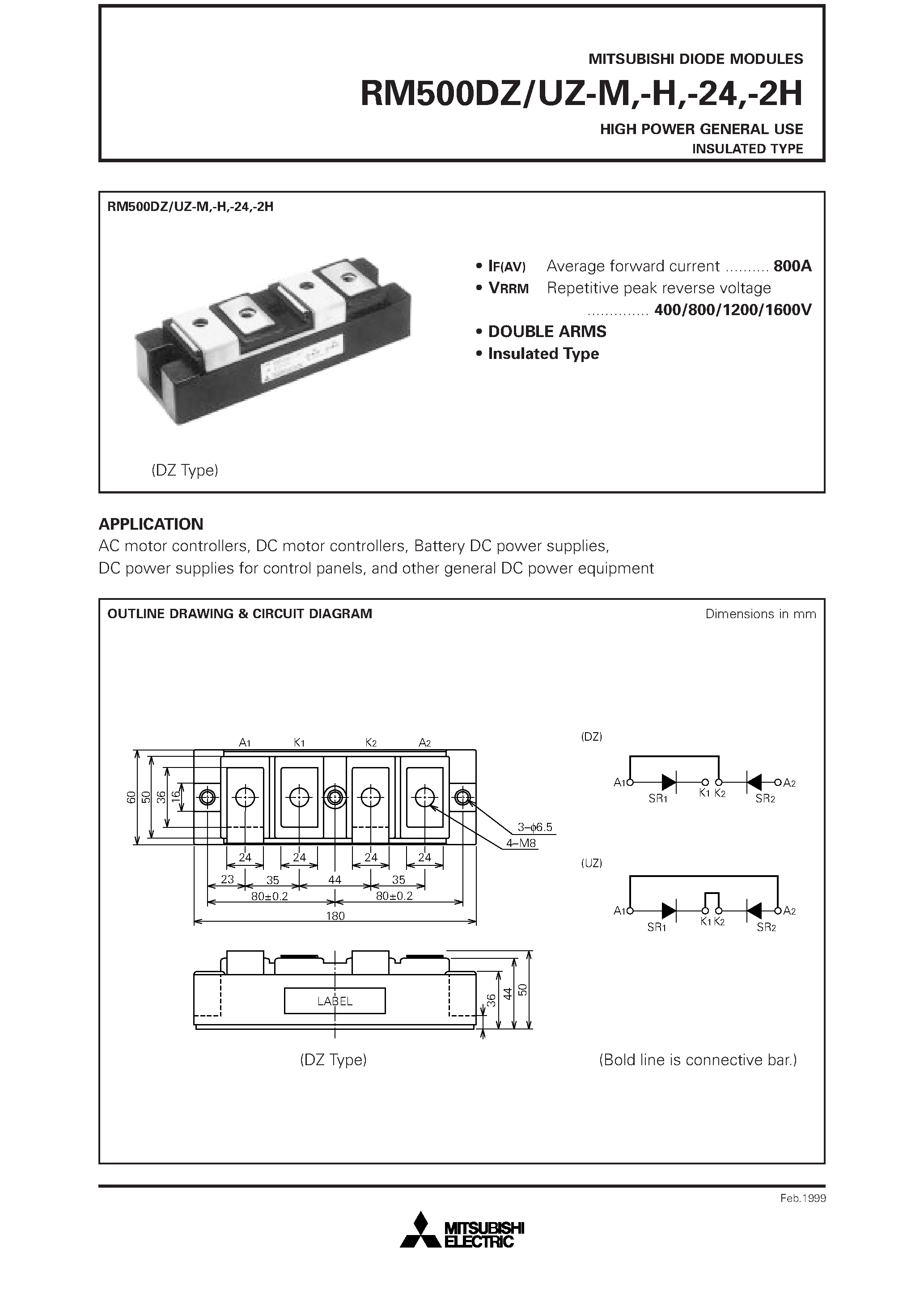 Даташит RM500DZ-H - HIGH POWER GENERAL USE INSULATED TYPE страница 1