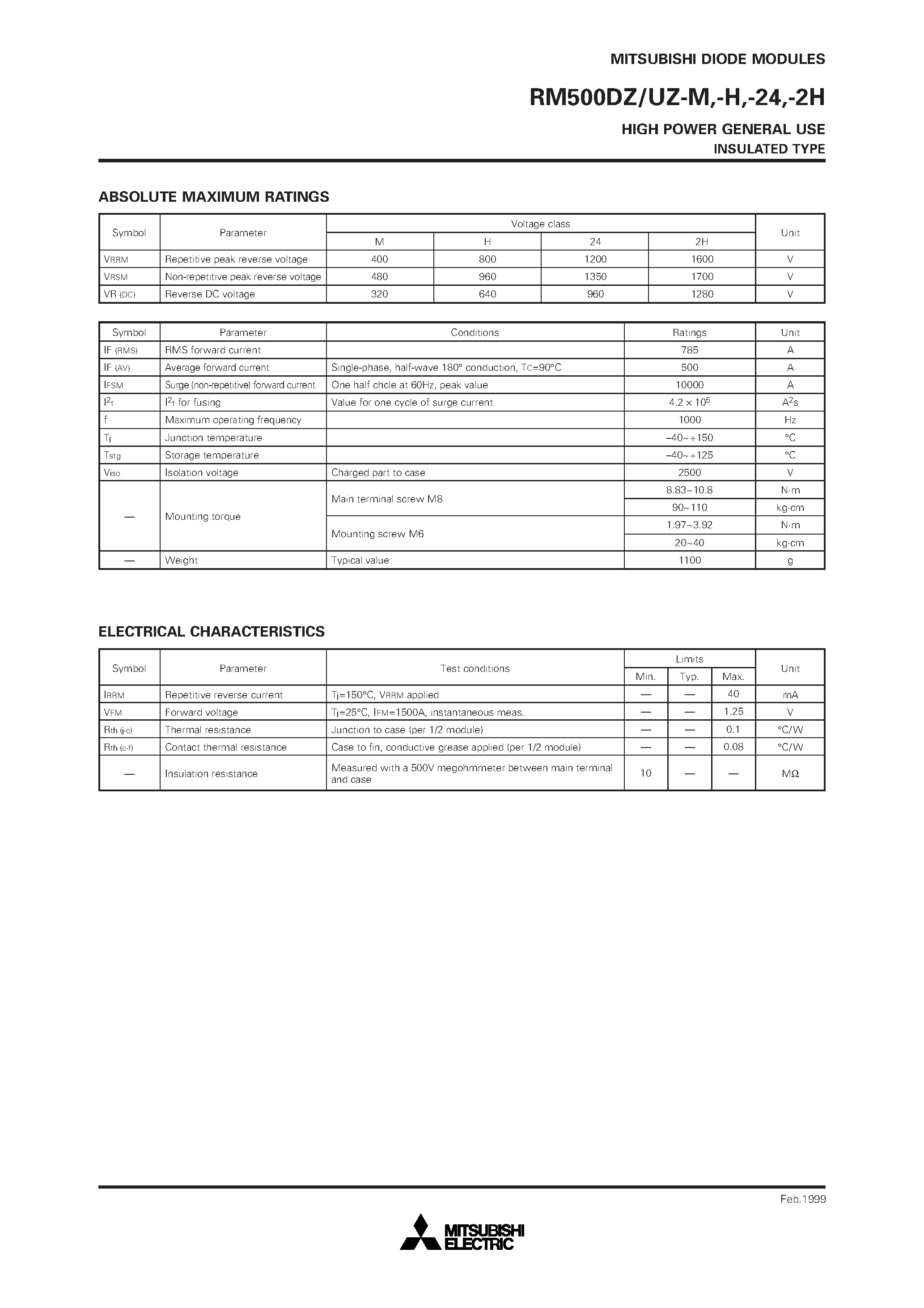 Даташит RM500DZ-H - HIGH POWER GENERAL USE INSULATED TYPE страница 2