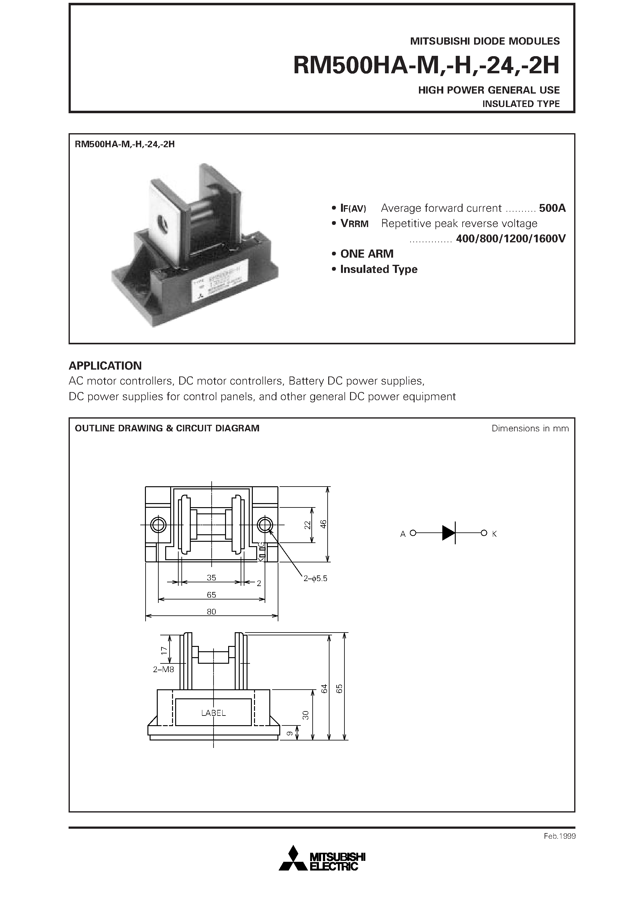 Даташит RM500HA-H - HIGH POWER GENERAL USE INSULATED TYPE страница 1