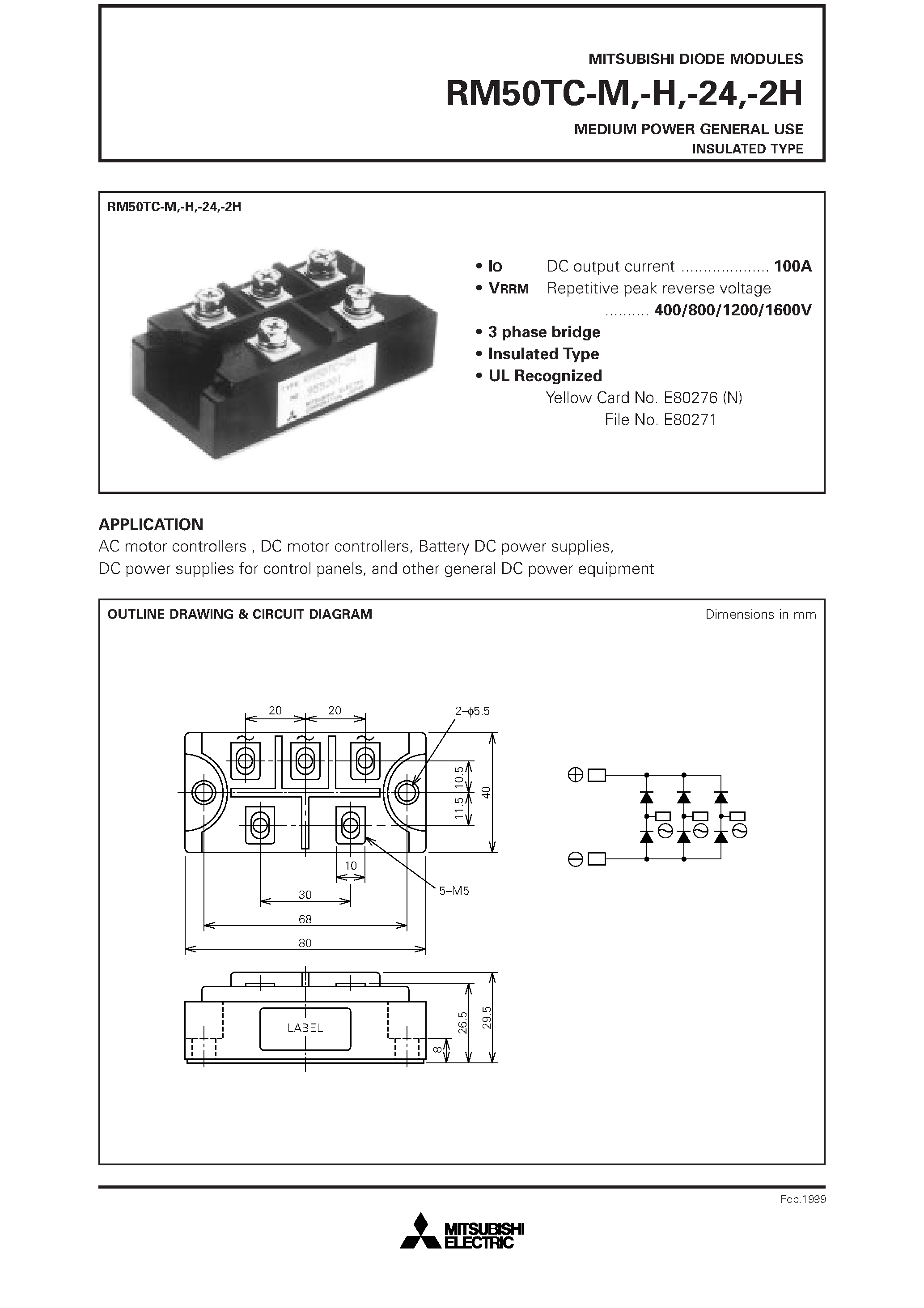 Даташит RM50TC-H - MEDIUM POWER GENERAL USE INSULATED TYPE страница 1