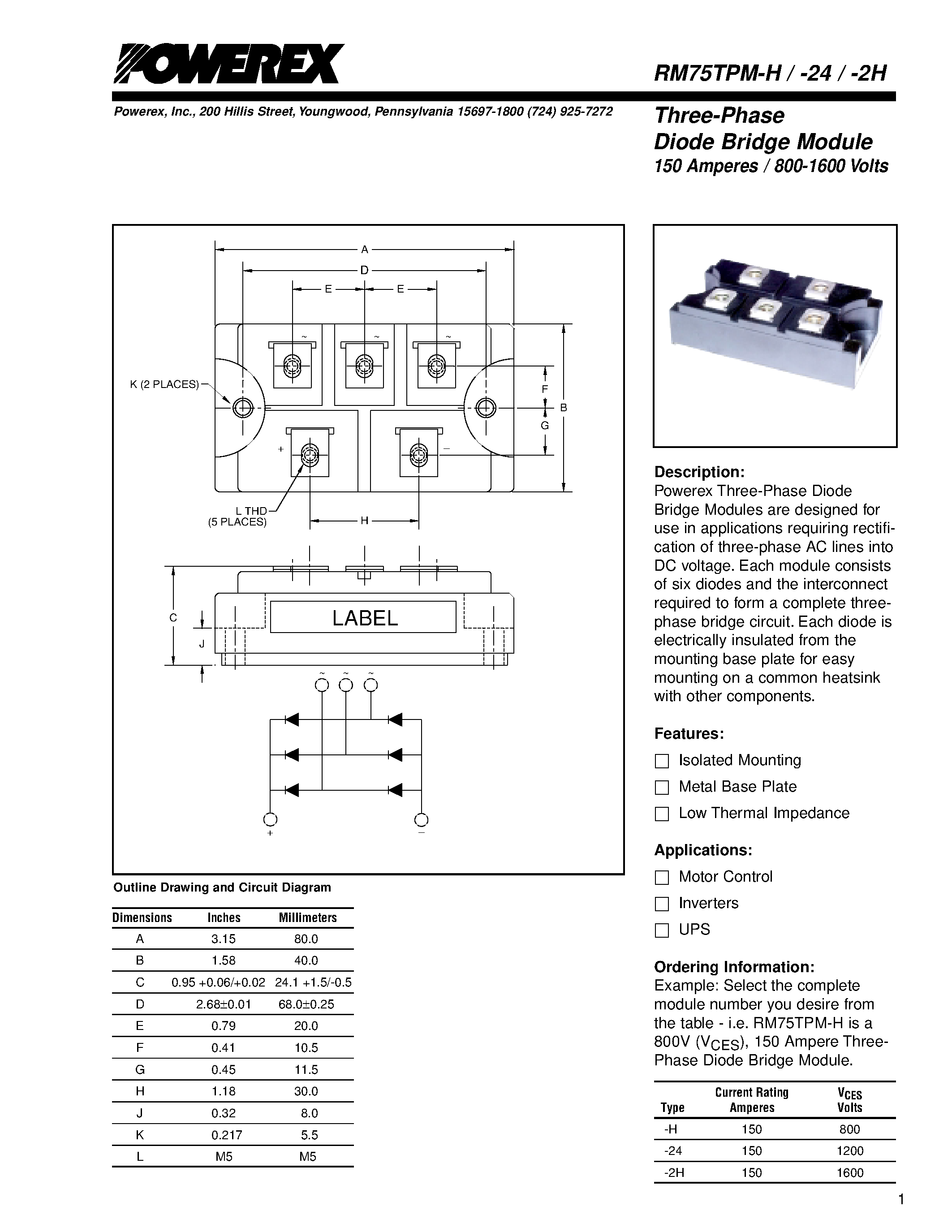 Даташит RM75TPM-H - Three-Phase Diode Bridge Module (150 Amperes / 800-1600 Volts) страница 1