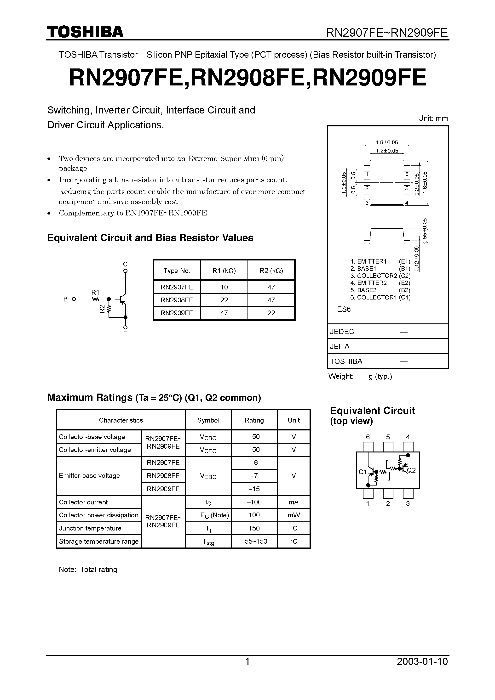 Даташит RN2907FE - TOSHIBA Transistor Silicon PNP Epitaxial Type (PCT process) (Bias Resistor built-in Transistor) страница 1