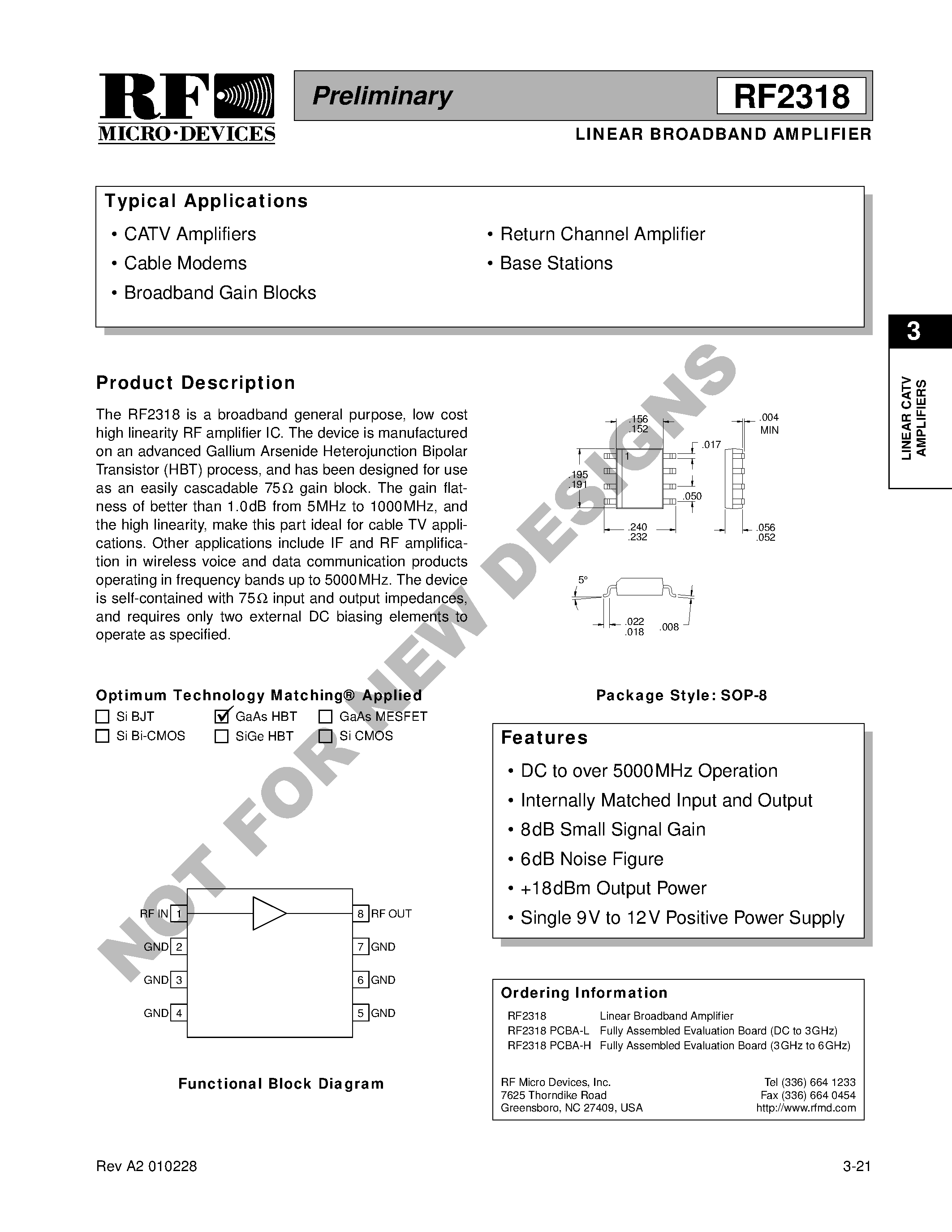 Даташит RF2318PCBA-H - LINEAR BROADBAND AMPLIFIER страница 1