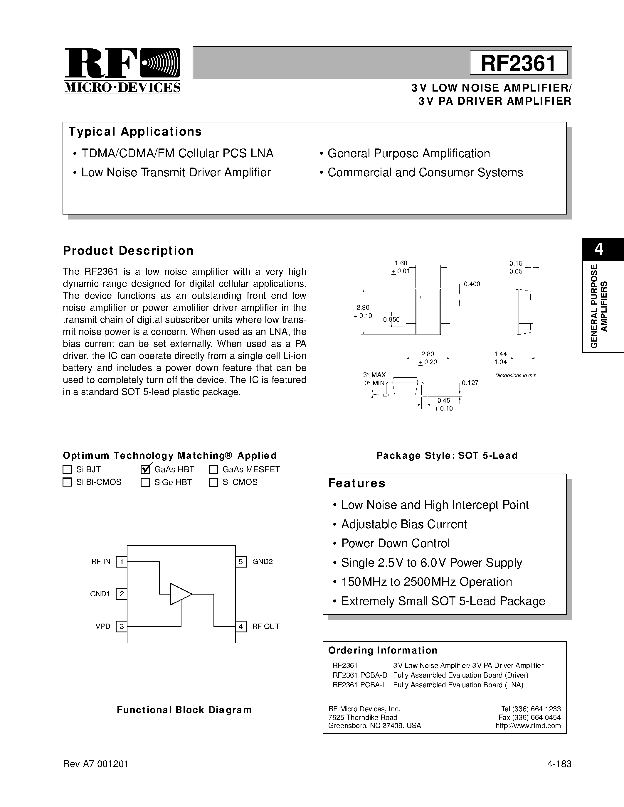 Datasheet RF2361PCBA-D - 3V LOW NOISE AMPLIFIER/ 3V PA DRIVER AMPLIFIER page 1