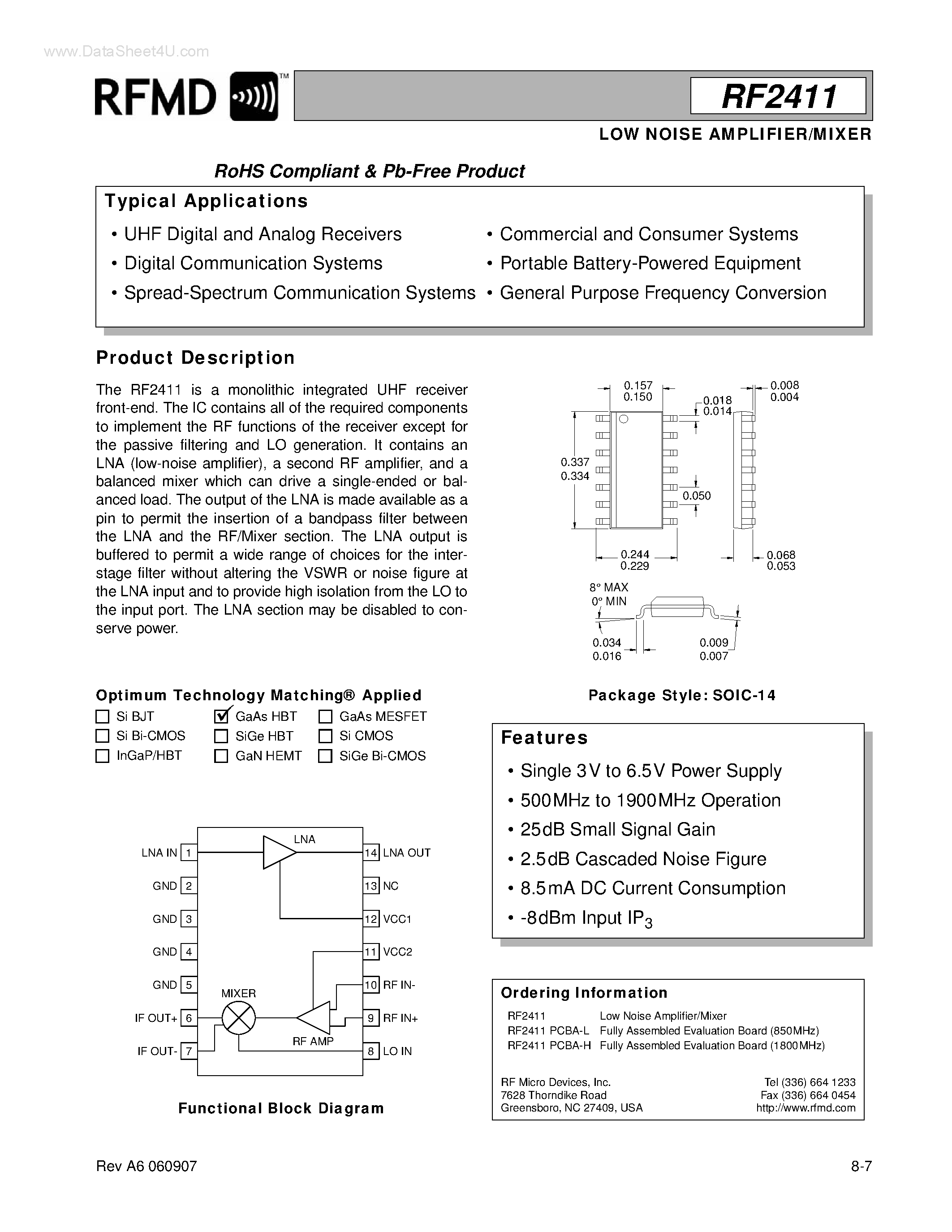 Datasheet RF2411PCBA-L - LOW NOISE AMPLIFIER/MIXER page 1