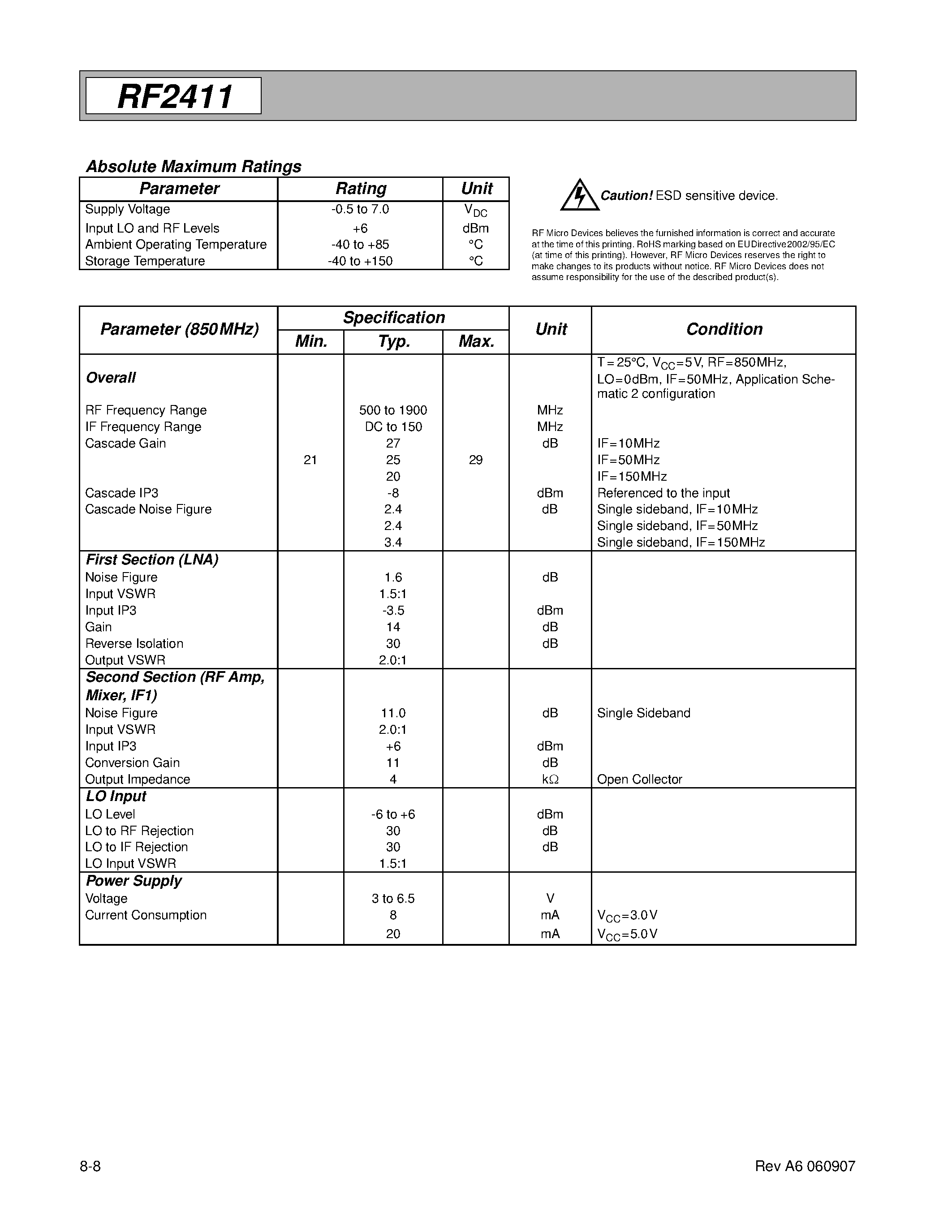 Datasheet RF2411PCBA-L - LOW NOISE AMPLIFIER/MIXER page 2