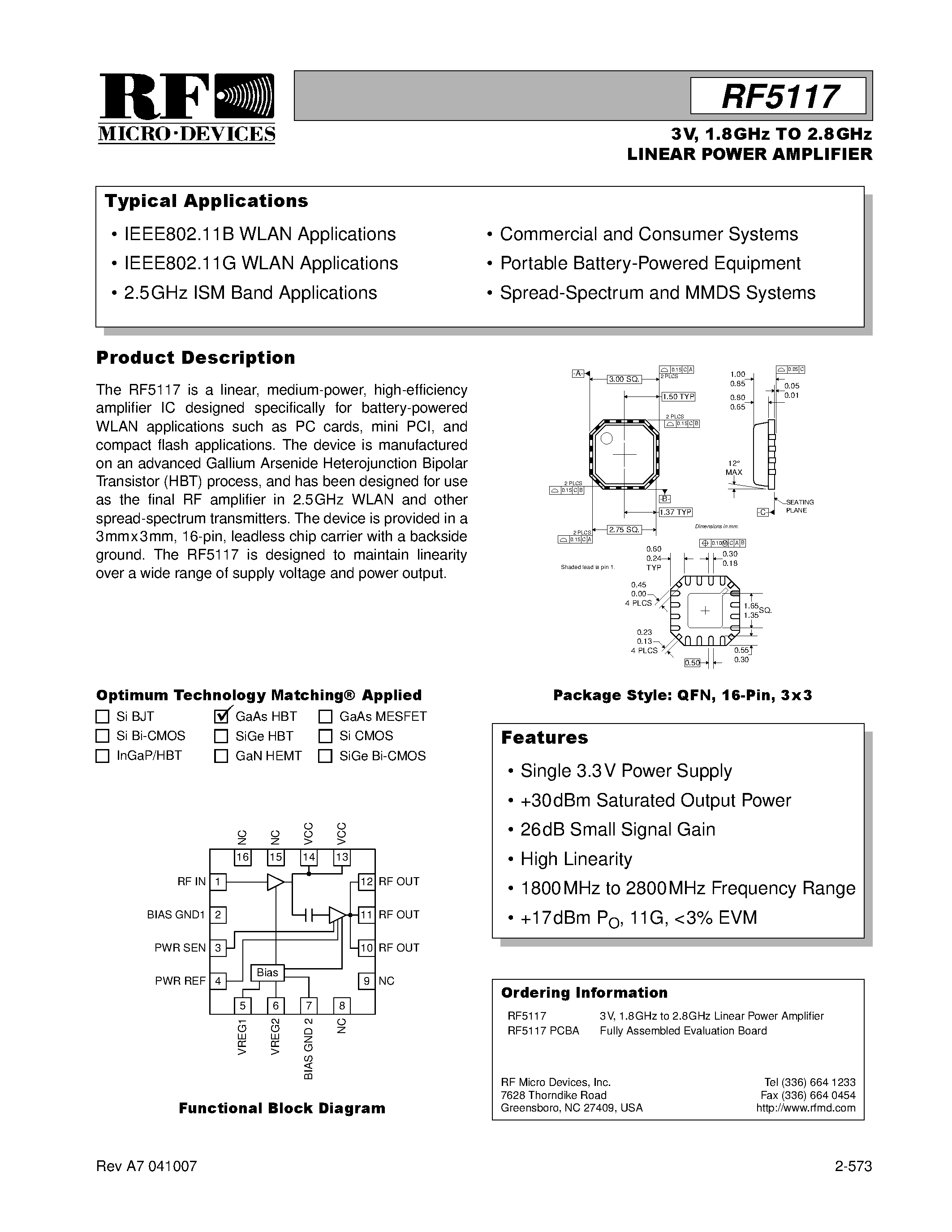 Даташит RF5117 - 3V/ 1.8GHz TO 2.8GHz LINEAR POWER AMPLIFIER страница 1