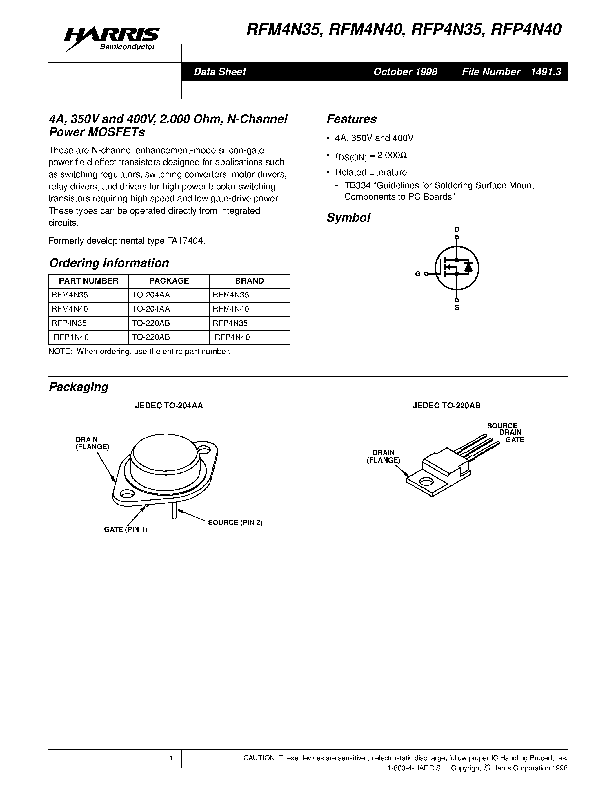 Даташит RFM4N35 - 4A/ 350V and 400V/ 2.000 Ohm/ N-Channel Power MOSFETs страница 1