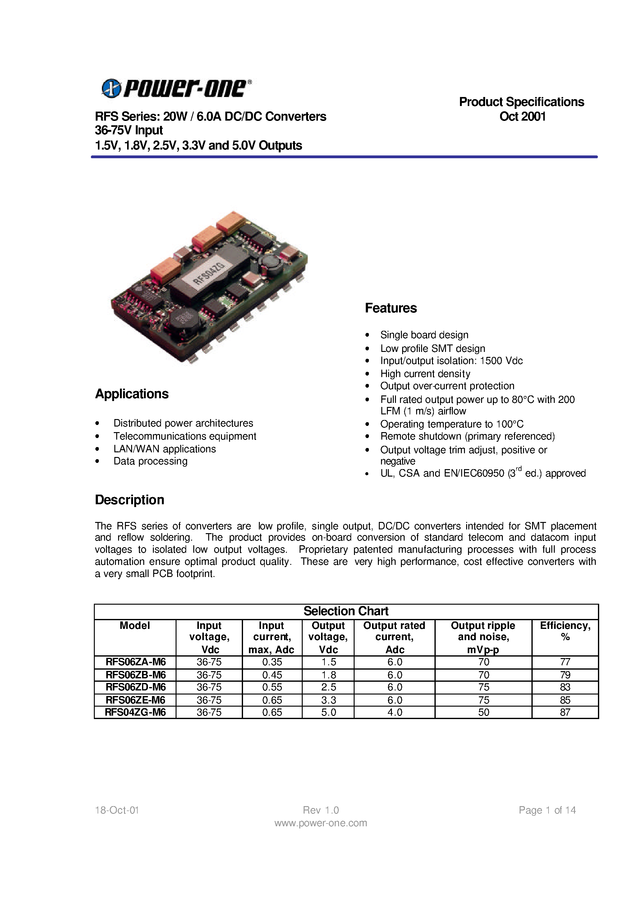 Даташит RFS04ZG-M6 - RFS Series: 20W / 6.0A DC/DC Converters 36-75V Input 1.5V/ 1.8V/ 2.5V/ 3.3V and 5.0V Outputs страница 1