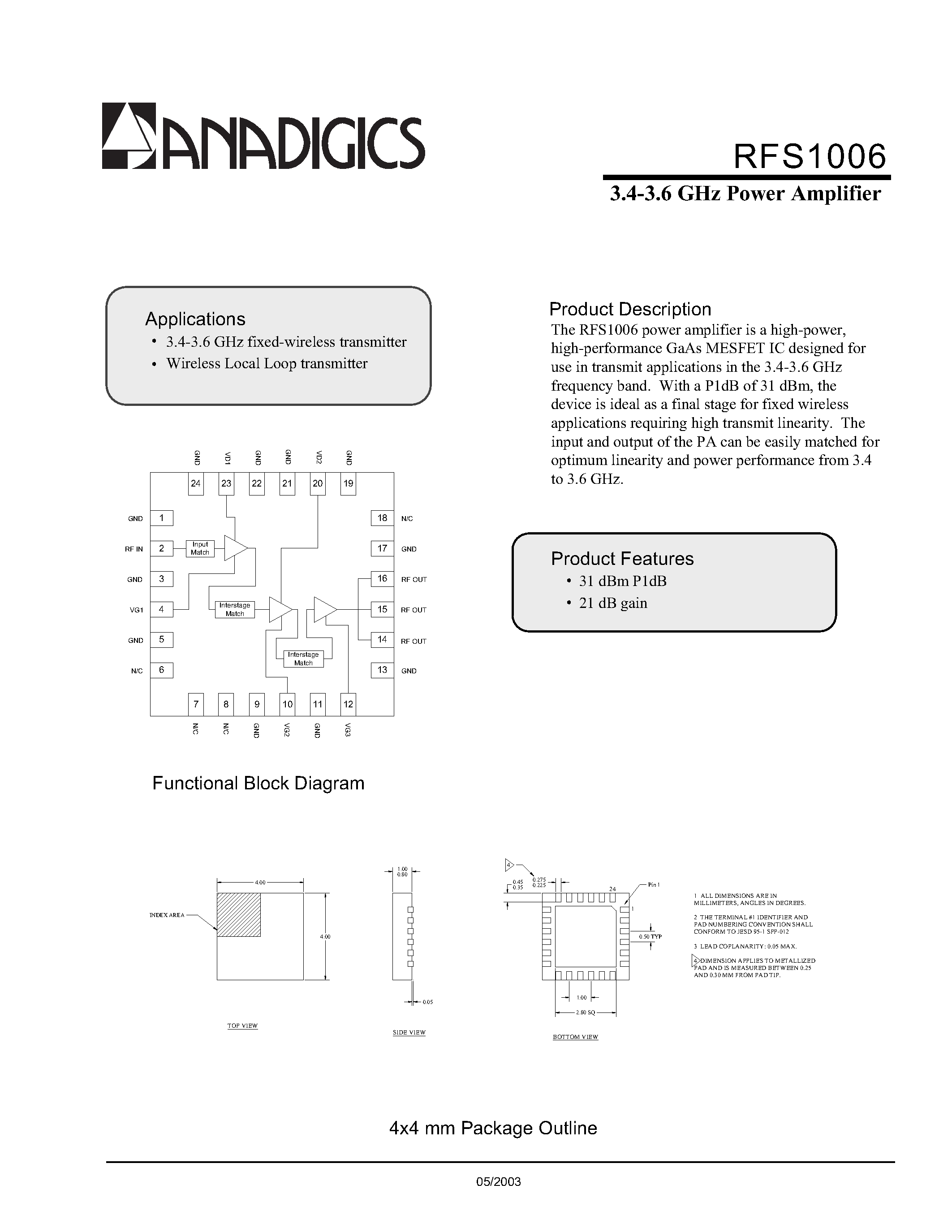 Даташит RFS1006 - 3.4-3.6 GHz Power Amplifier страница 1