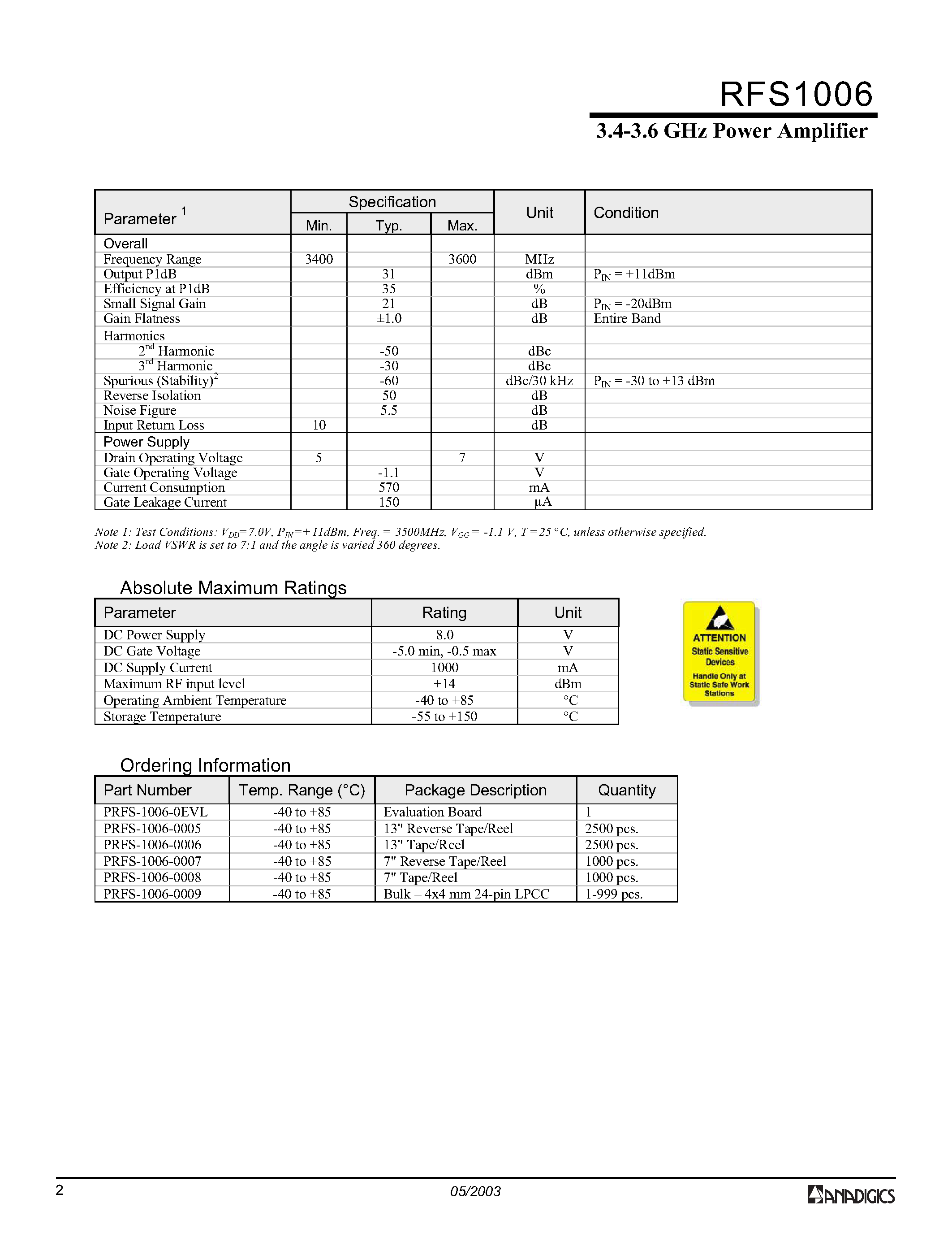Даташит RFS1006 - 3.4-3.6 GHz Power Amplifier страница 2