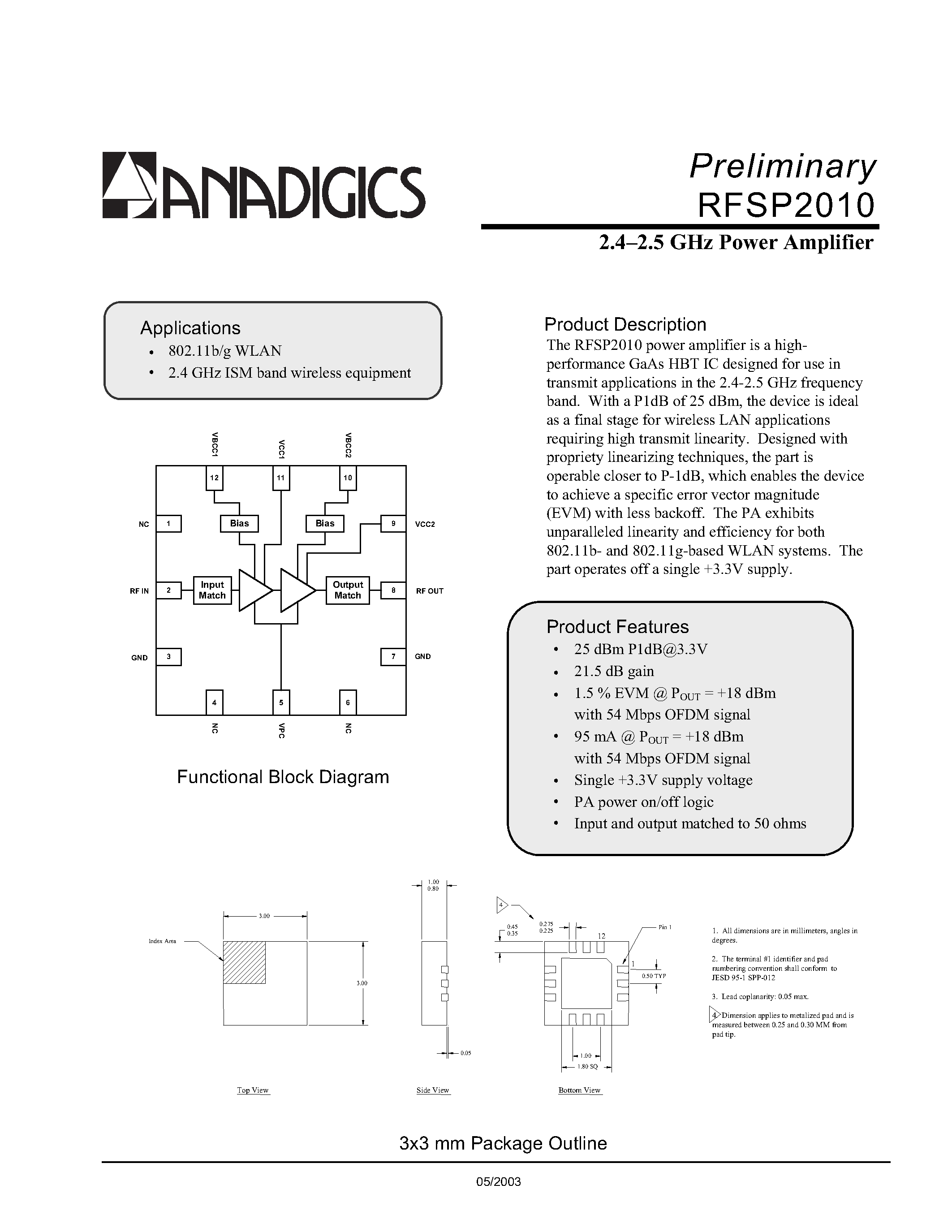 Даташит RFSP2010 - 2.42.5 GHz Power Amplifier страница 1