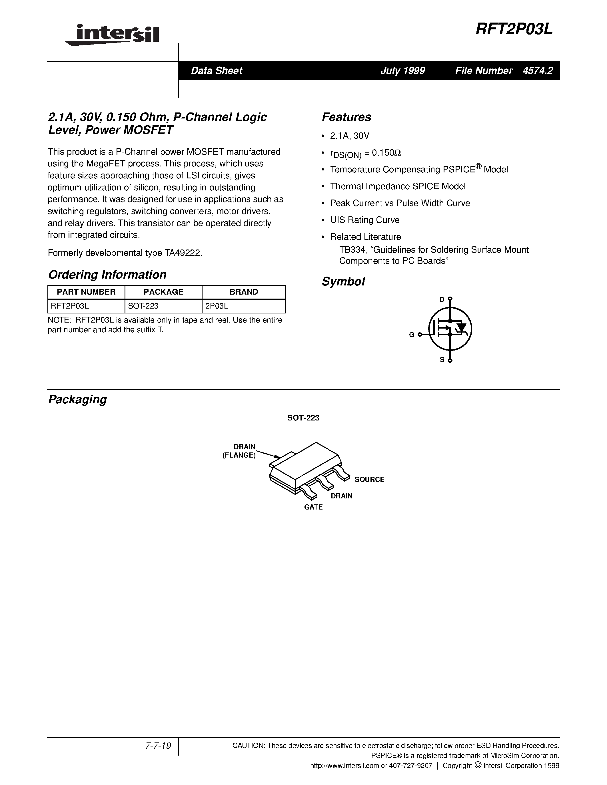 Даташит RFT2P03L - 2.1A/ 30V/ 0.150 Ohm/ P-Channel Logic Level/ Power MOSFET страница 1